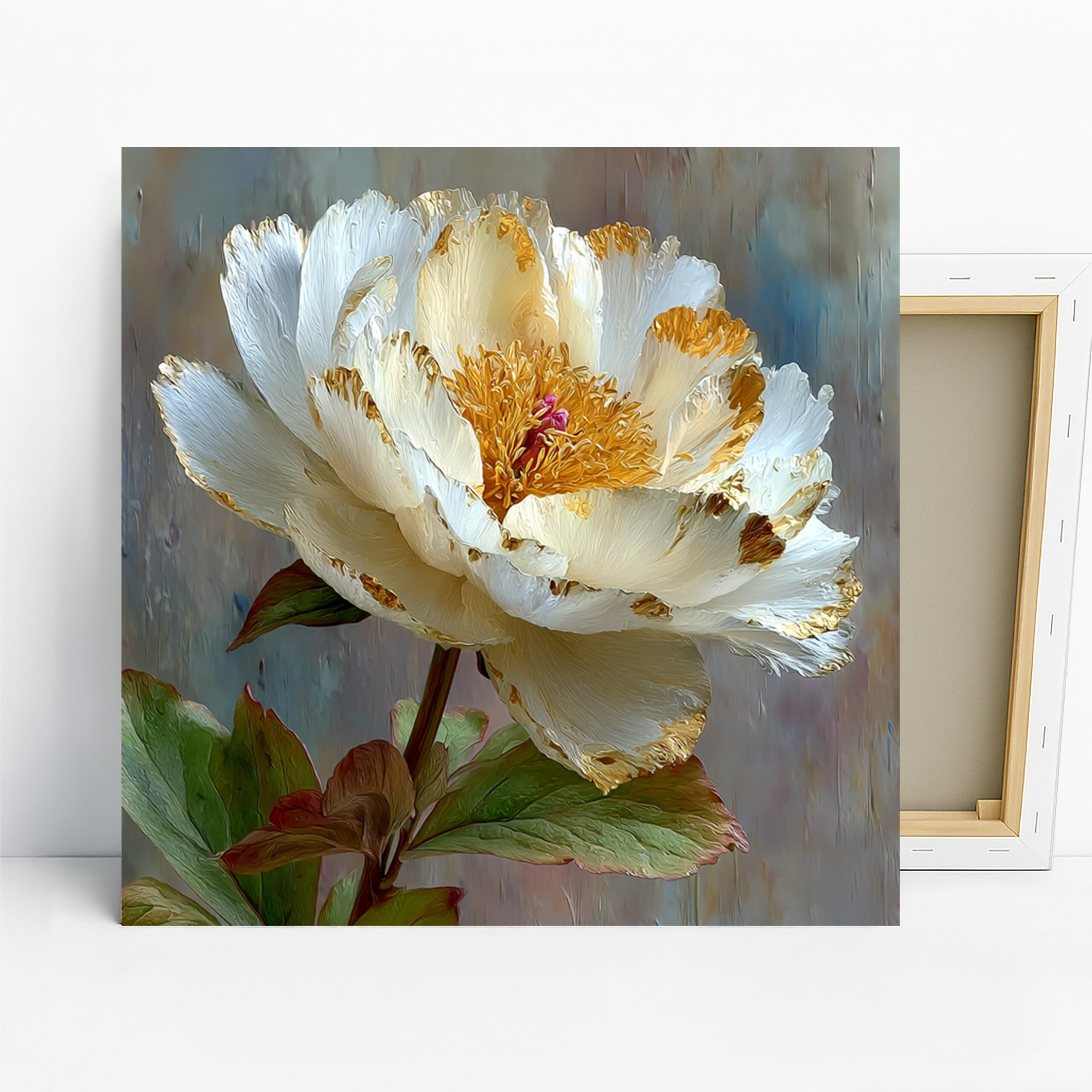 Elegant Peony Bloom Art, Canvas or Poster, Floral Modern Scandinavian Decor, Living Room Bedroom Office Wall Art, White Gold Green