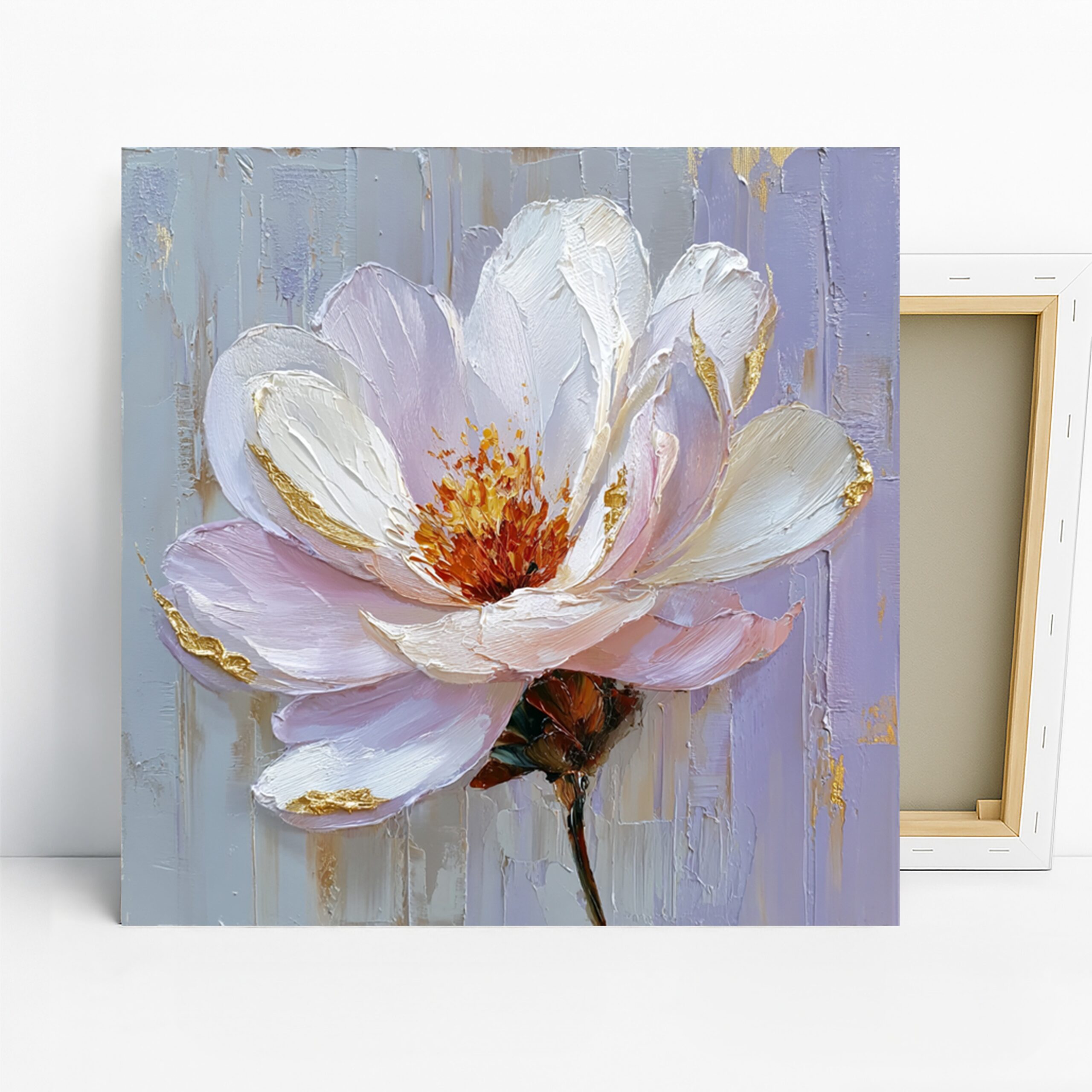 Blooming Peony Art, Canvas or Poster, Floral Contemporary Decor, Living Room Bedroom Dining Room Wall Art, Pink Gold White and Orange