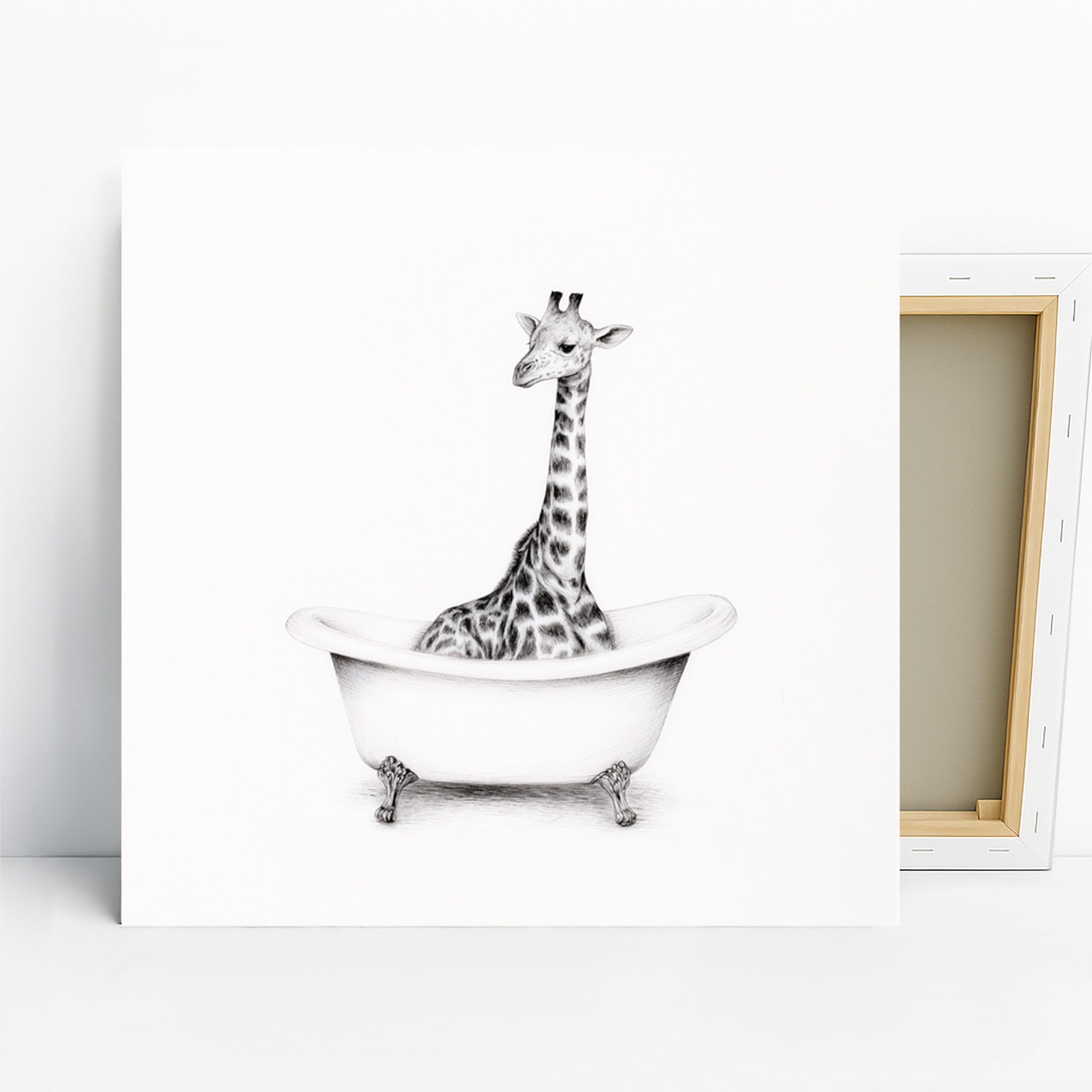 Giraffe Bathtub Art, Canvas or Poster, Whimsical Contemporary Decor, Bathroom Living Room Bedroom Office Wall Art, Black White Beige