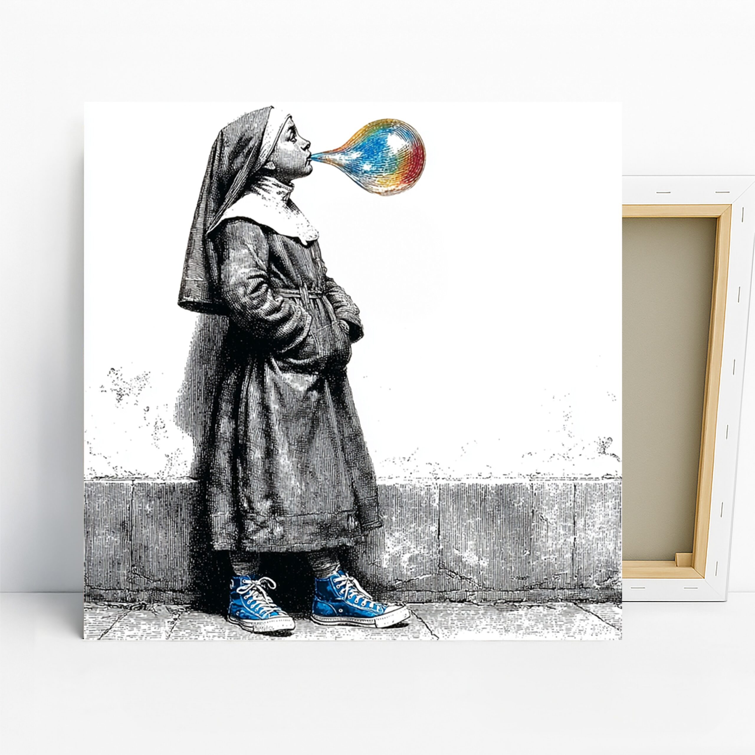 Colorful Bubble Nun Art, Canvas or Poster, Vintage Contemporary Decor, Living Room Bedroom Office Wall Art, Multicolor Black White Blue