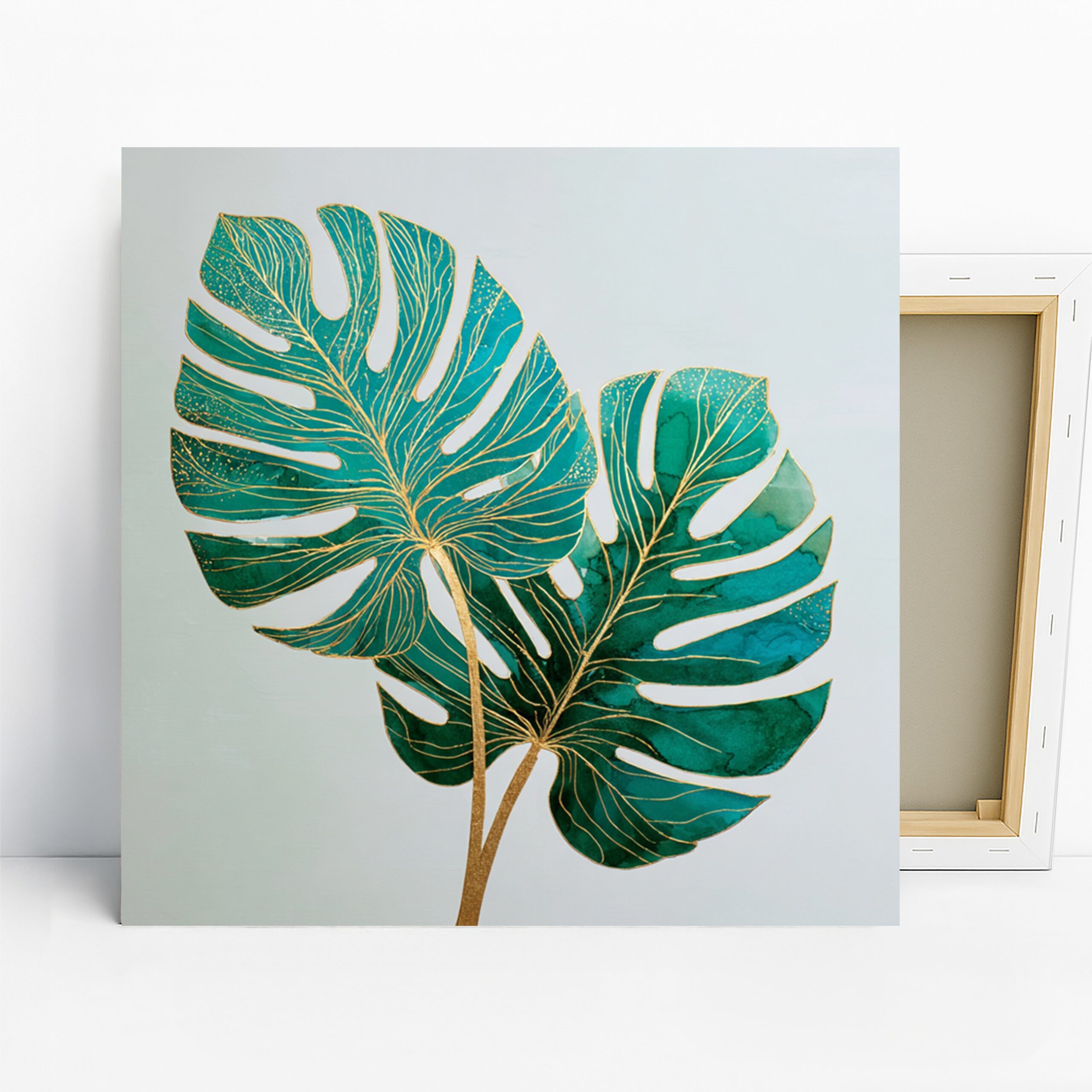 Monstera Leaf Art, Canvas or Poster, Nature Contemporary Decor, Living Room Bedroom Office Bathroom Wall Art, Green Gold Teal Turquoise