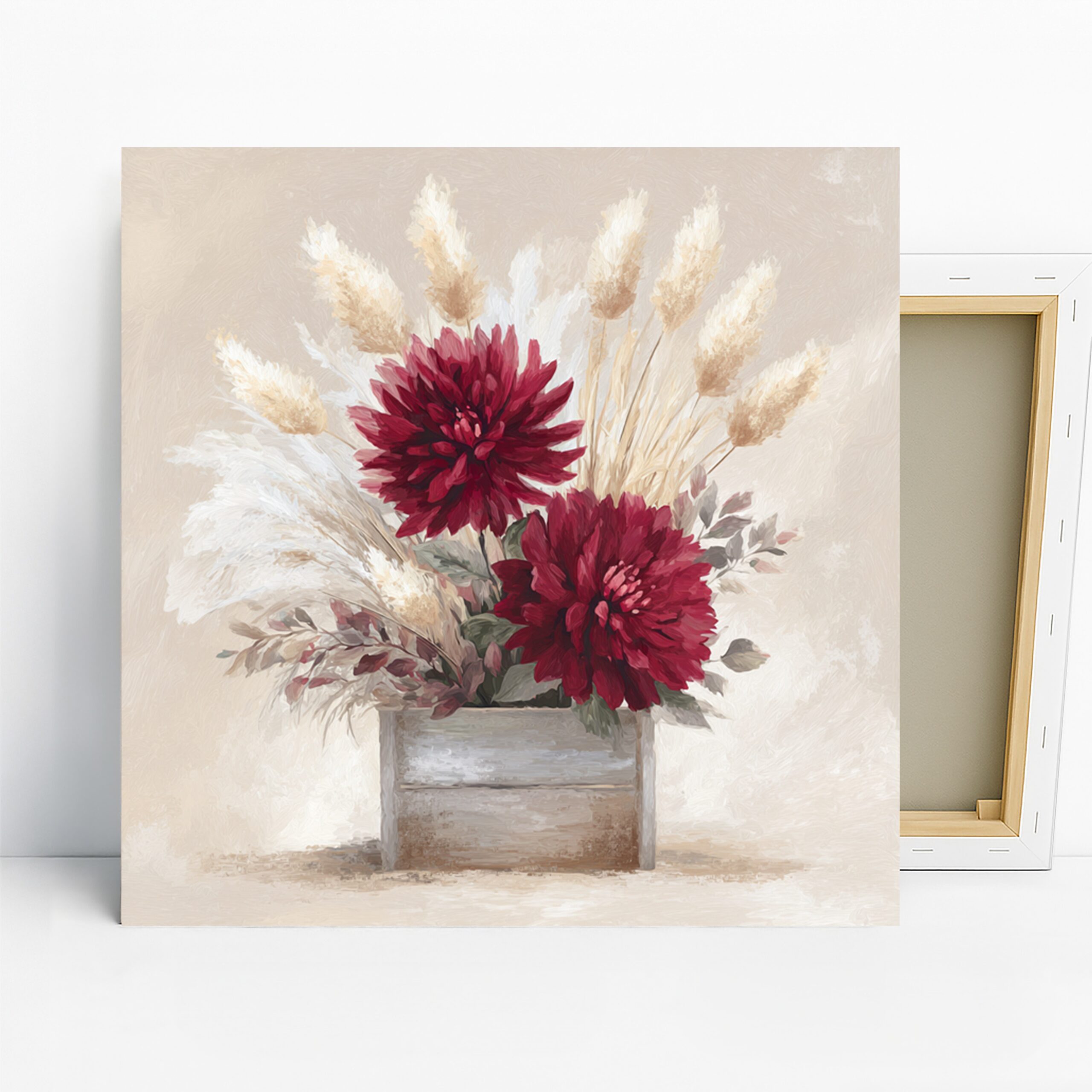 Burgundy Dahlia Bouquet Art, Canvas or Poster, Floral Contemporary Decor, Living Room Bedroom Office Wall Art, Red White Beige Brown
