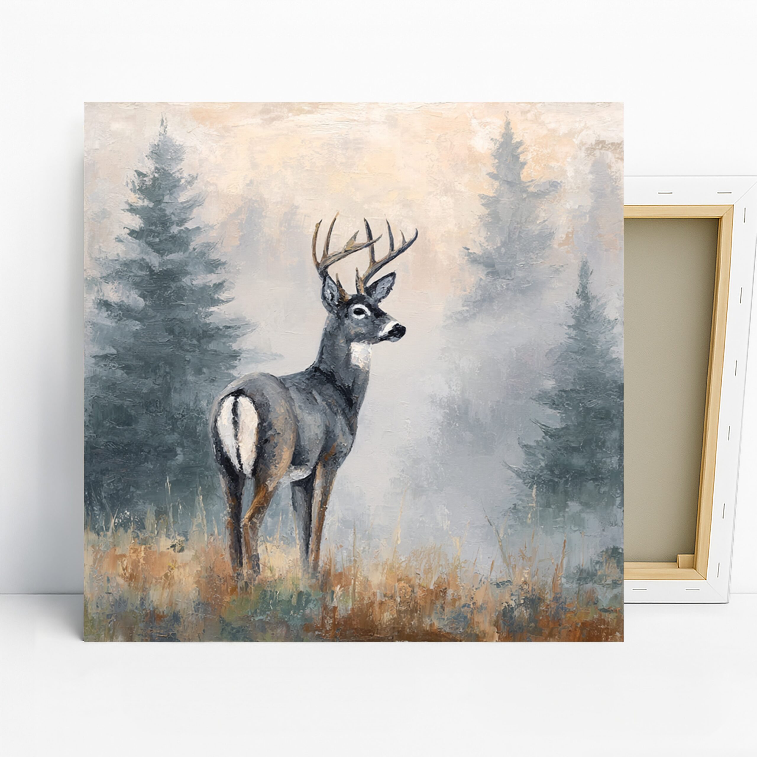 Deer Art, Canvas or Poster, Nature Rustic Decor, Living Room Bedroom Office Wall Art, Grey Brown Green and White, Wildlife Home Decor