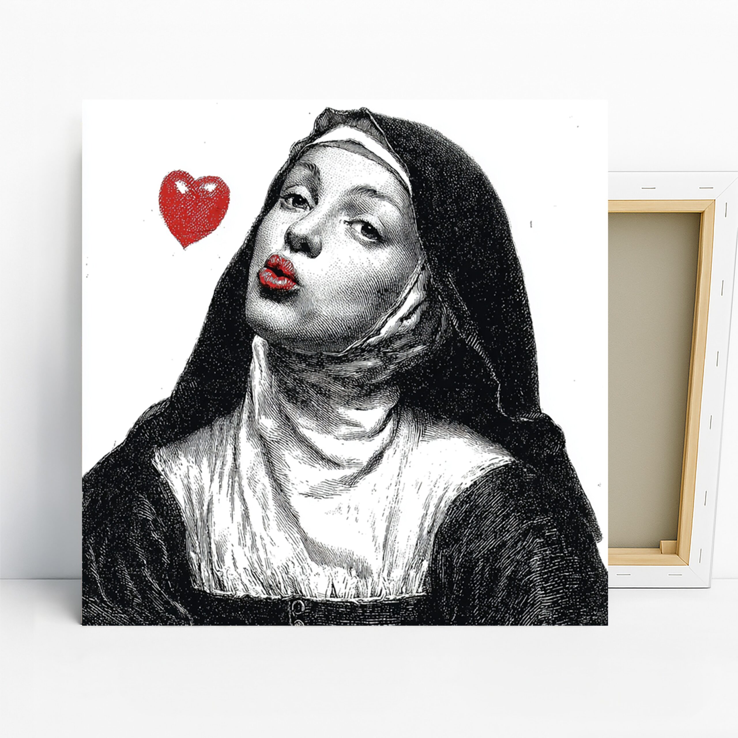 Cheeky Nun Art, Canvas or Poster, Classic Contemporary Pop Decor, Living Room Bedroom Office Entryway Wall Art, Black White Red