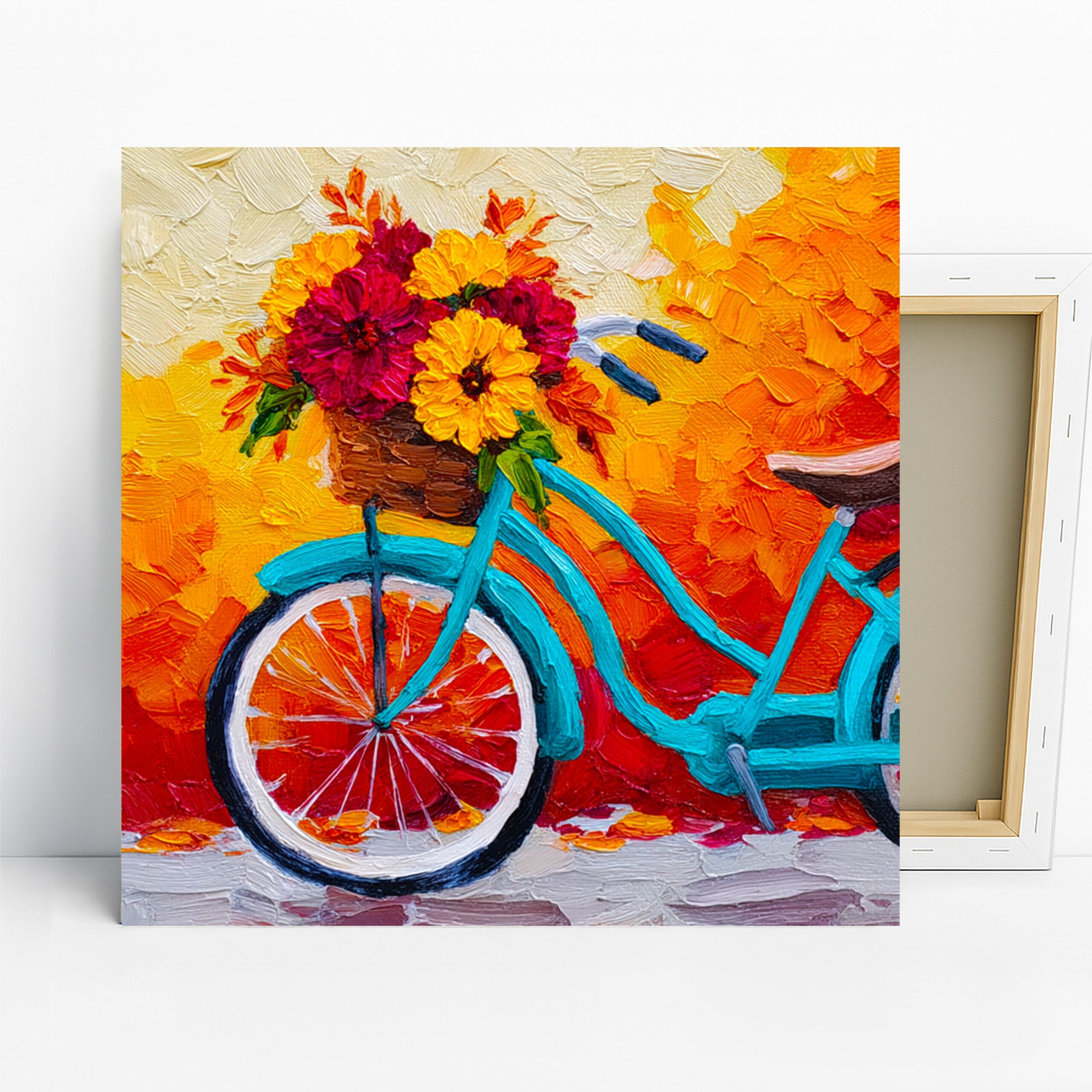 Bicycle Bloom Art, Canvas or Poster, Contemporary Floral Decor, Living Room Bedroom Dining Room Wall Art, Blue Orange Yellow Red