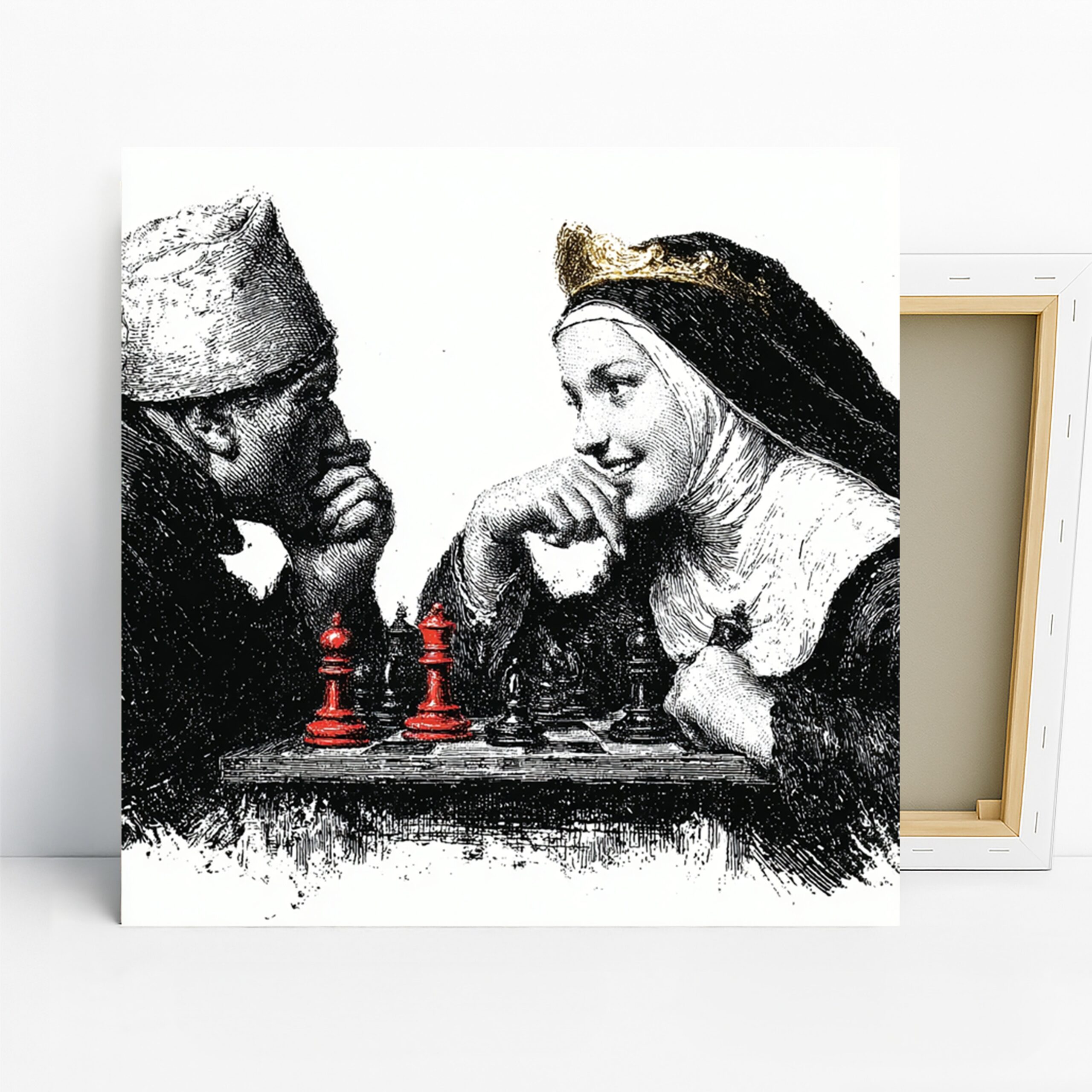 Chess Match Art, Canvas or Poster, Vintage Traditional Decor, Library Office Living Room Dining Room Wall Art, Black White Red