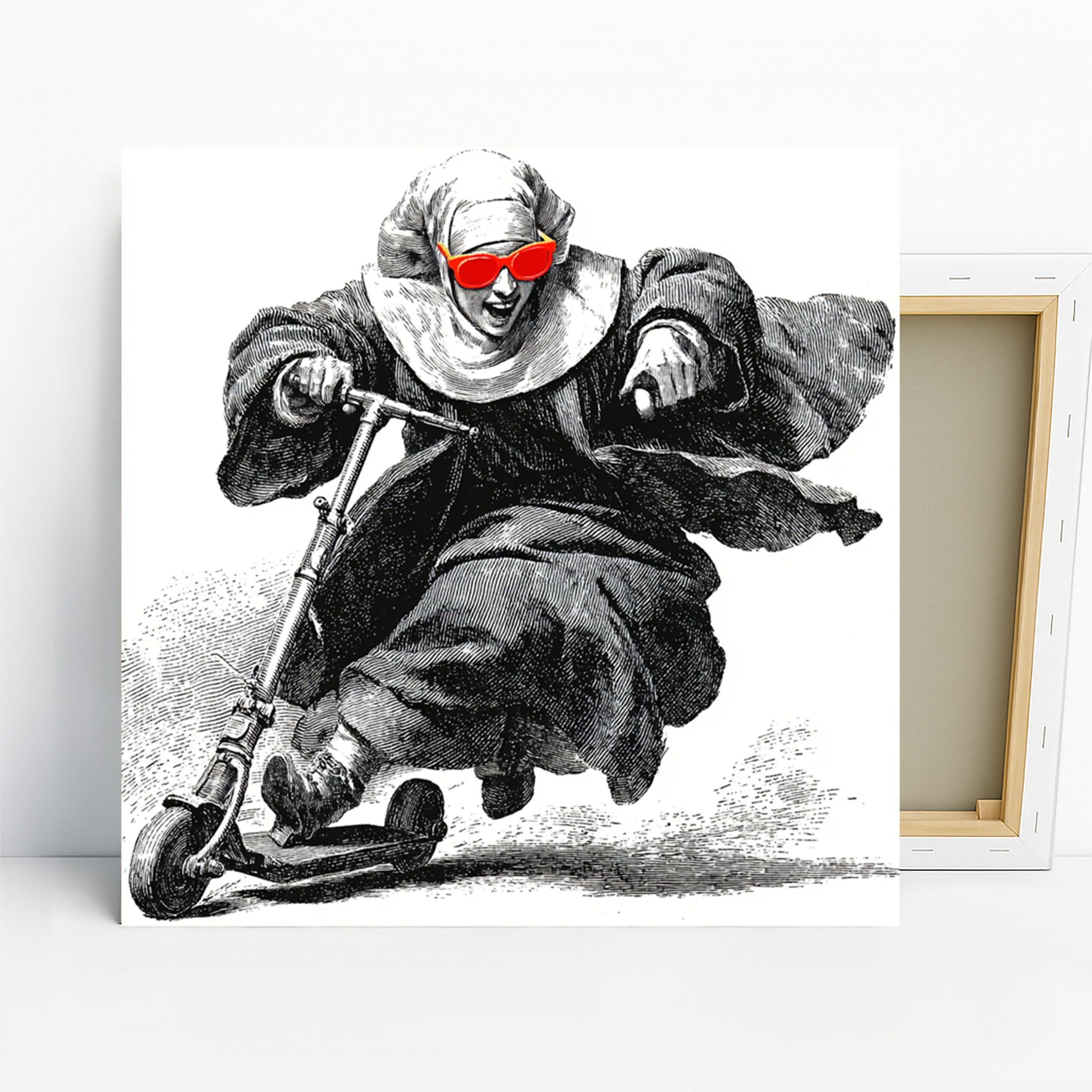 Rebellious Nun Art, Canvas or Poster, Vintage Pop Whimsical Decor, Living Room Office Game Room Wall Art, Black White Red
