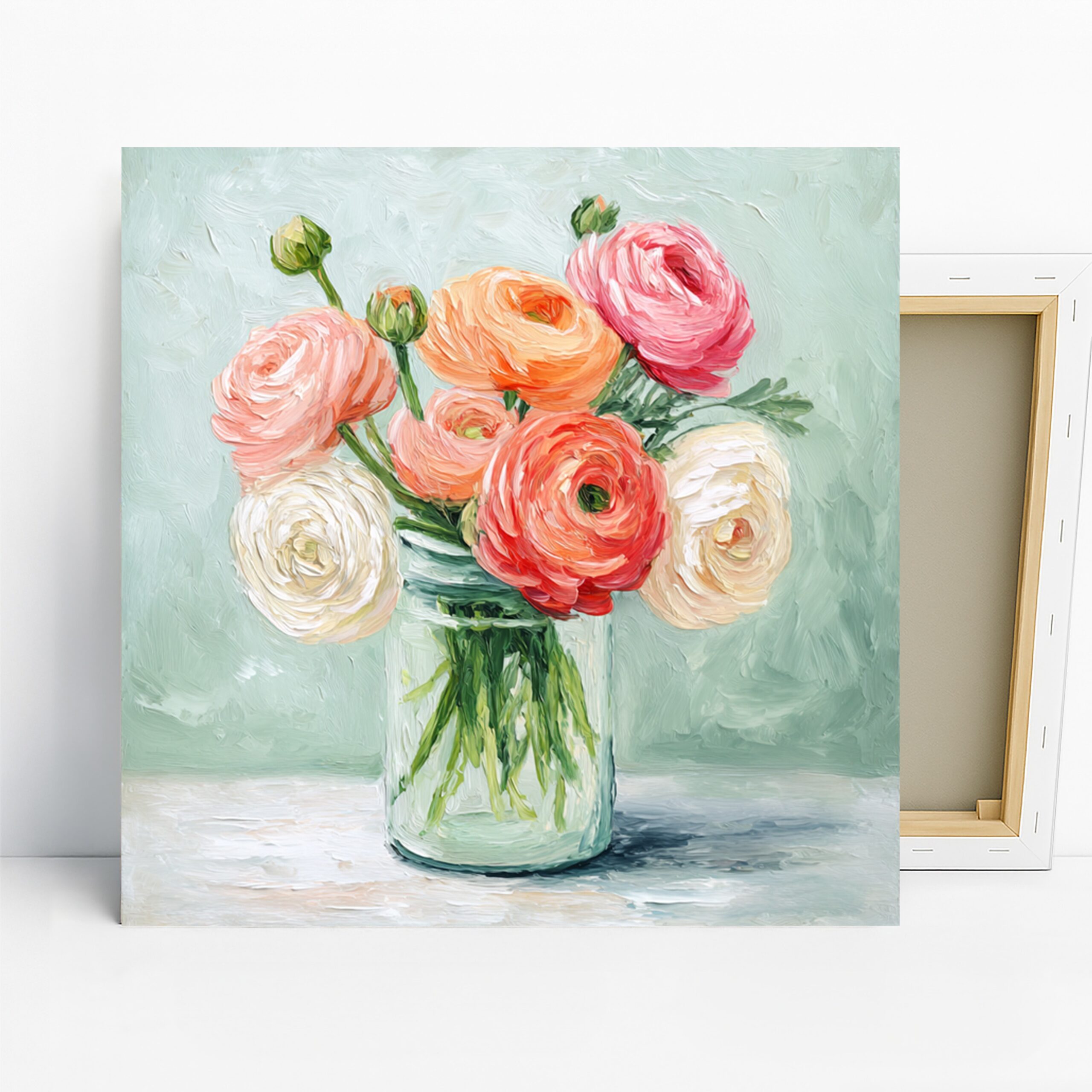 Ranunculus Bouquet Art, Canvas or Poster, Floral Still Life Decor, Living Room Bedroom Dining Room Wall Art, Pink Orange White Green