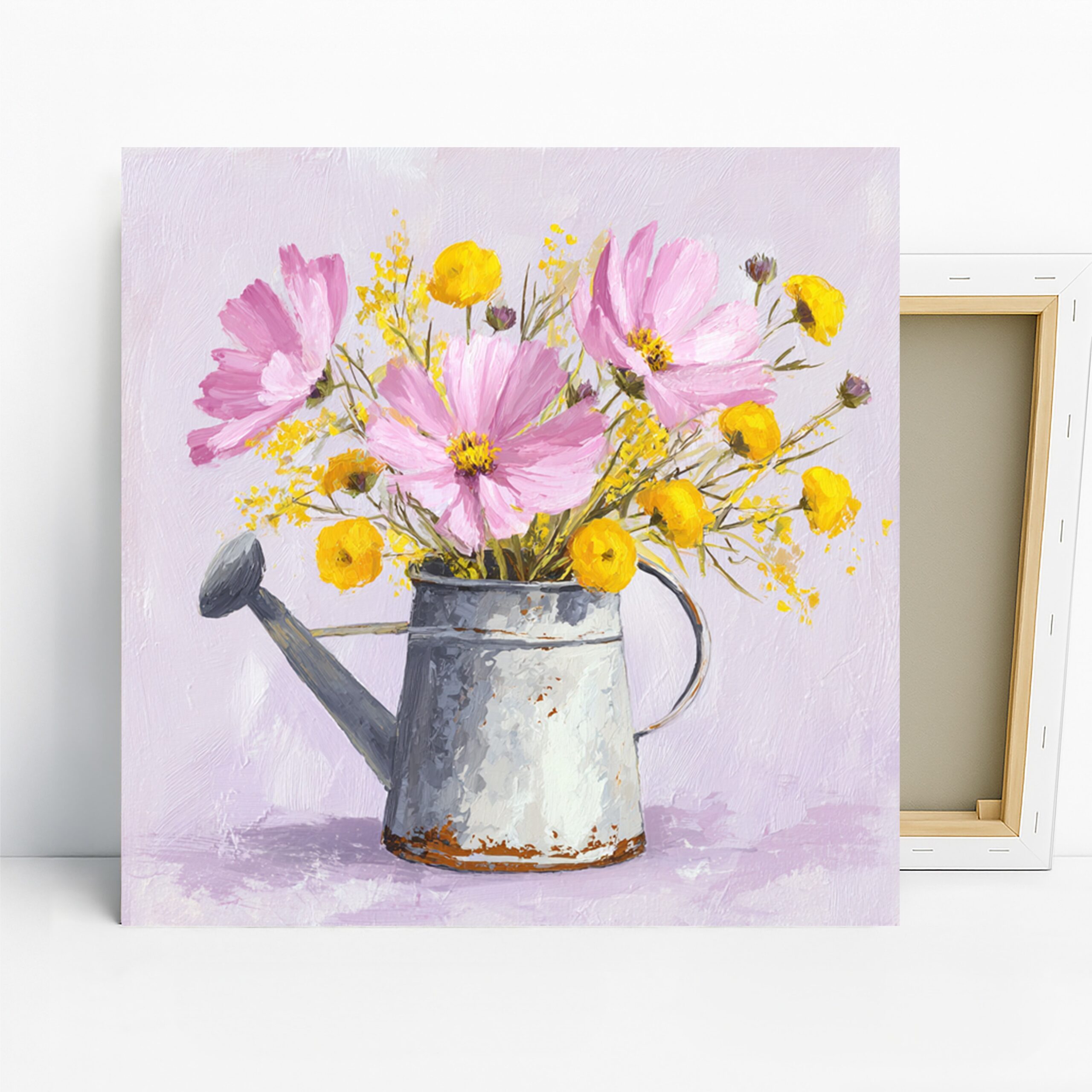 Rustic Watering Can Bouquet Art, Canvas or Poster, Floral Nature Decor, Living Room Bedroom Dining Room Wall Art, Pink Yellow Grey White