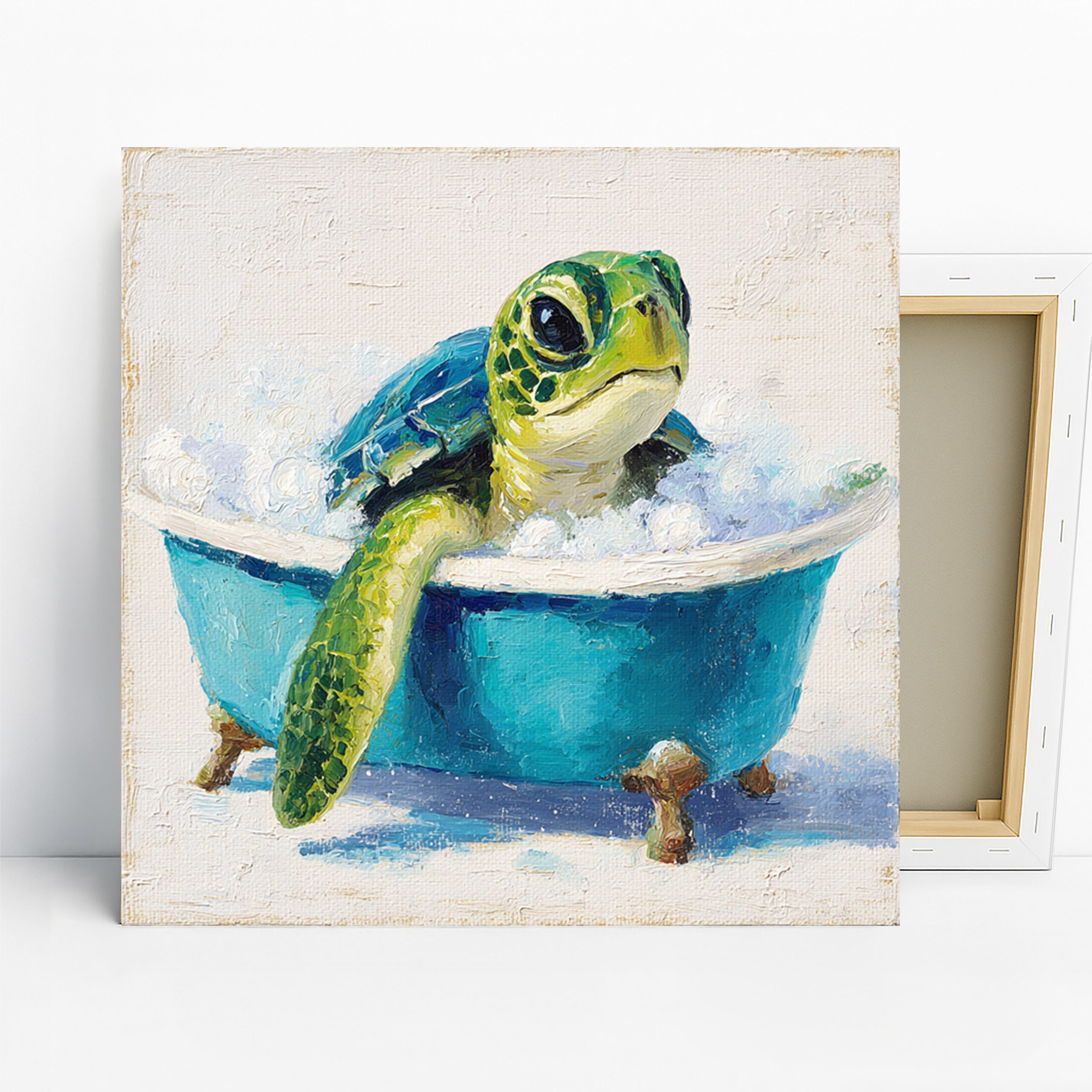 Turtle Bath Time Art, Canvas or Poster, Whimsical Coastal Decor, Bathroom Children Room Bedroom Office Wall Art, Green Blue Turquoise Yellow
