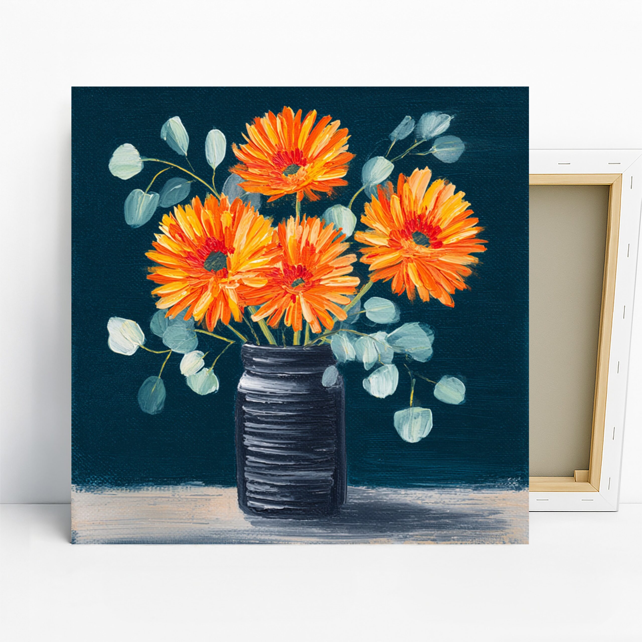 Gerbera Bouquet Art, Canvas or Poster, Floral Contemporary Decor, Living Room Bedroom Office Wall Art, Orange Green Blue Black