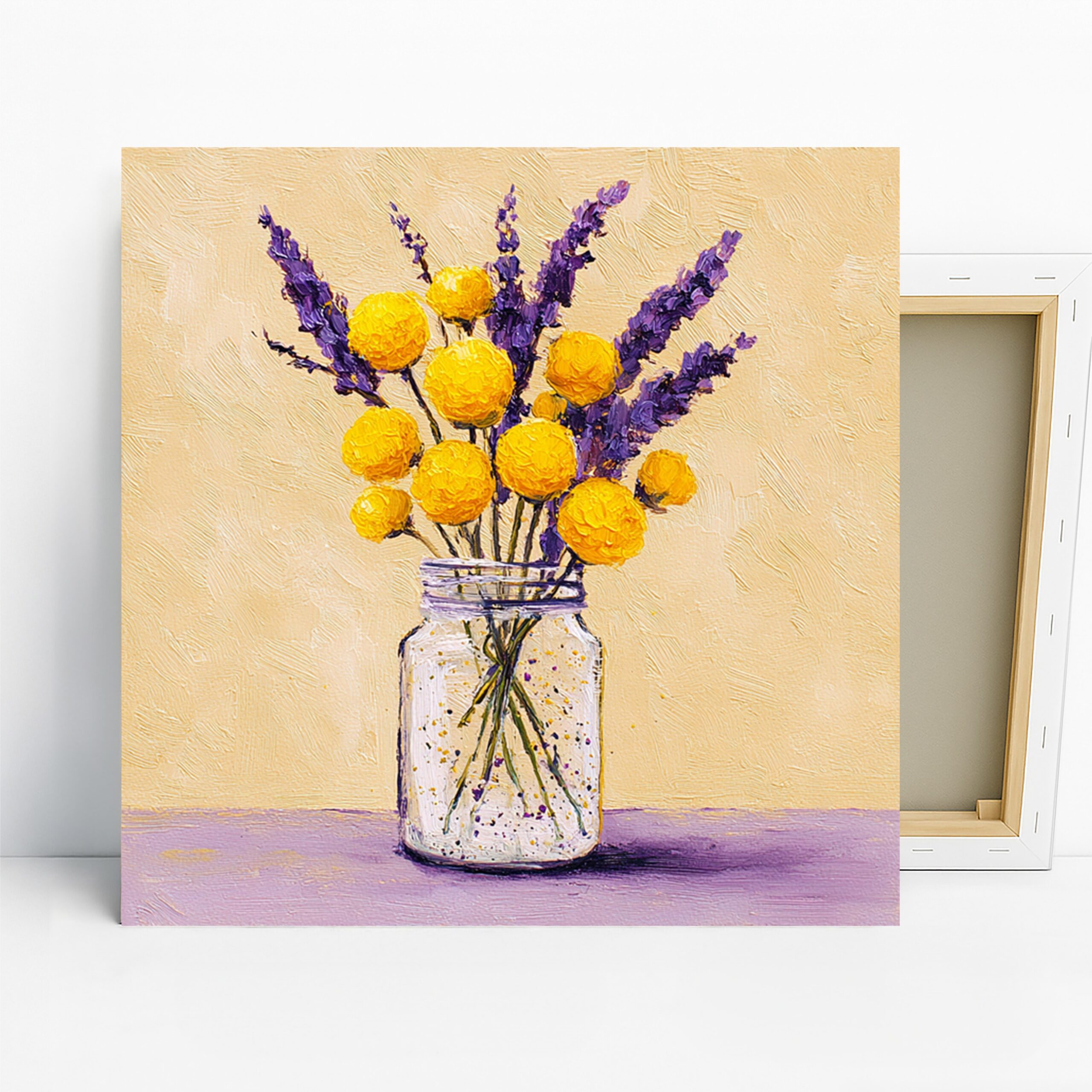 Sunny Lavender Bouquet Art, Canvas or Poster, Floral Still Life Decor, Living Room Dining Bedroom Office Wall Art, Yellow Purple Beige White