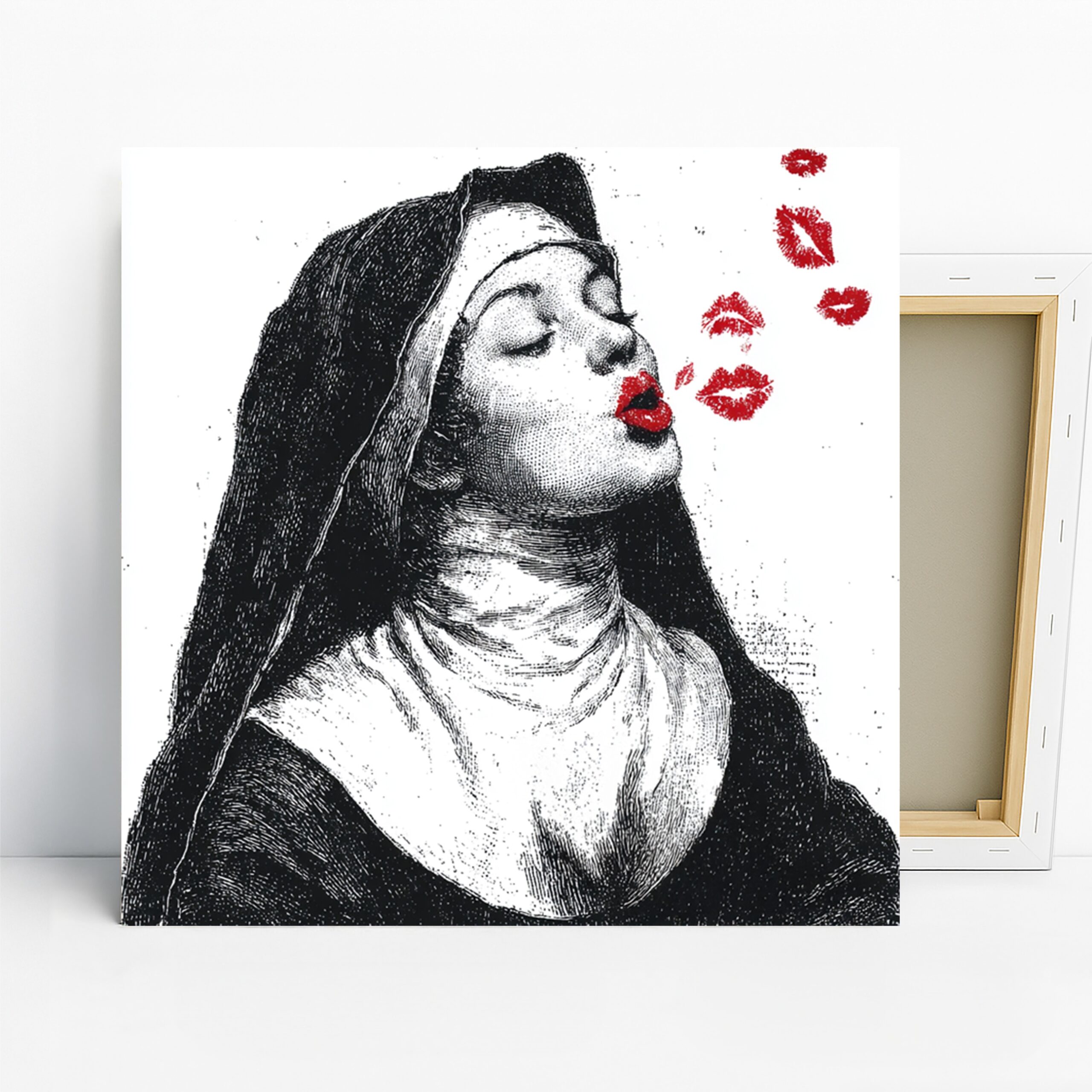 Nun’s Red Kiss Art, Canvas or Poster, Classic Contemporary Whimsical Decor, Bedroom Living Room Office Bathroom Wall Art, Black White Red