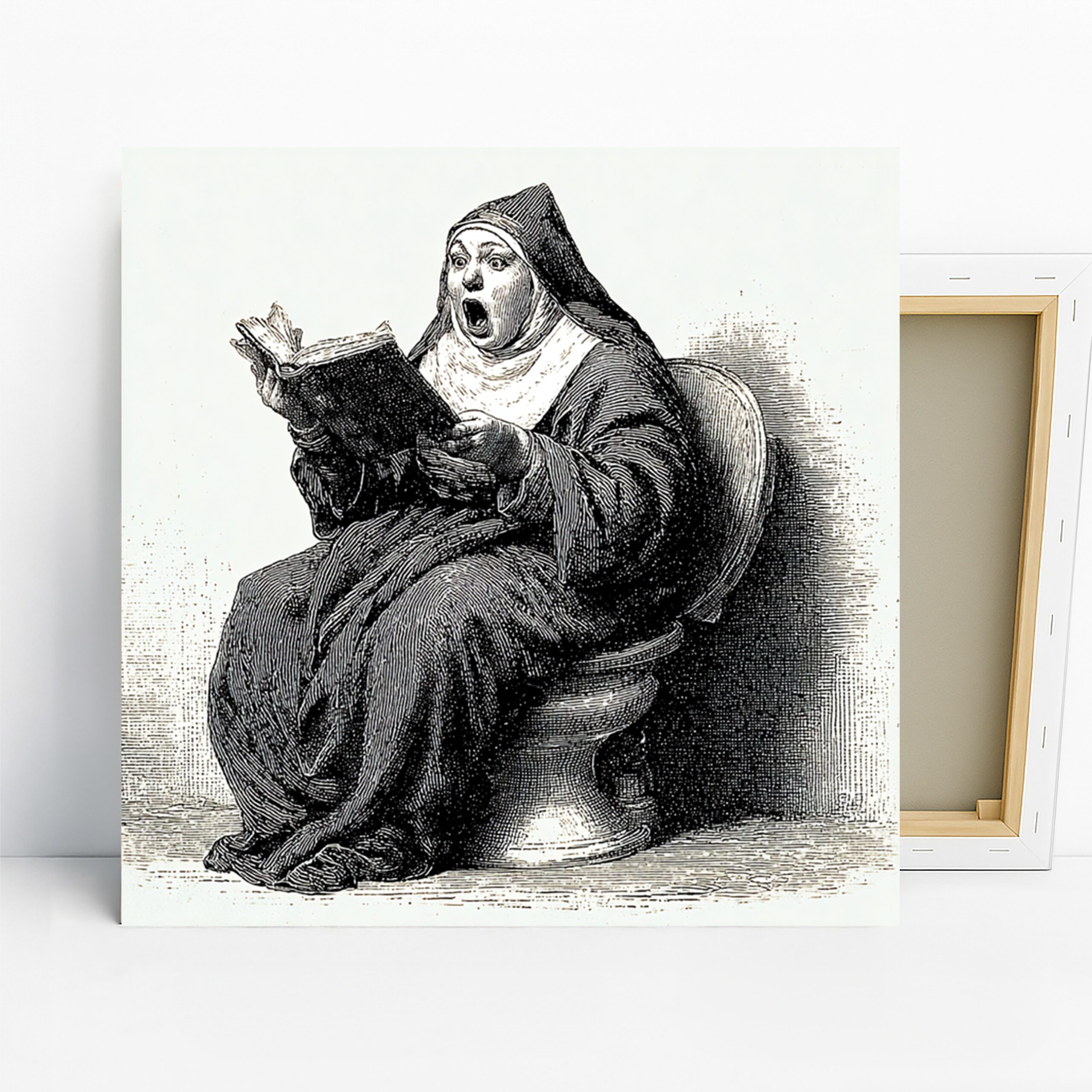 Shocked Nun Reading Art, Canvas or Poster, Classic Vintage Whimsical Decor, Library Office Living Room Wall Art, Black White Brown Grey