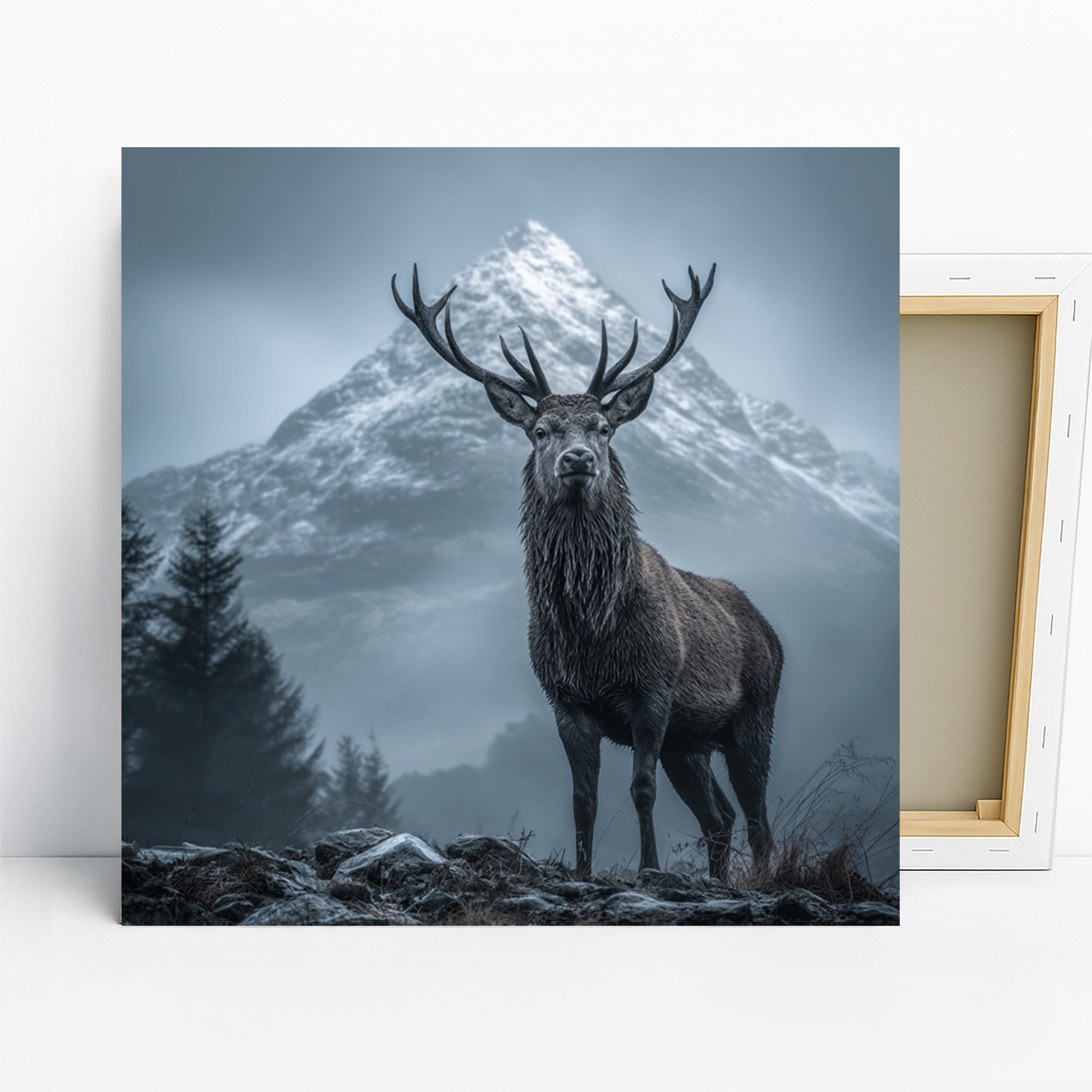 Deer Art, Canvas or Poster, Nature Rustic Decor, Living Room Bedroom Office Wall Art, Gray White Black Mountain Print