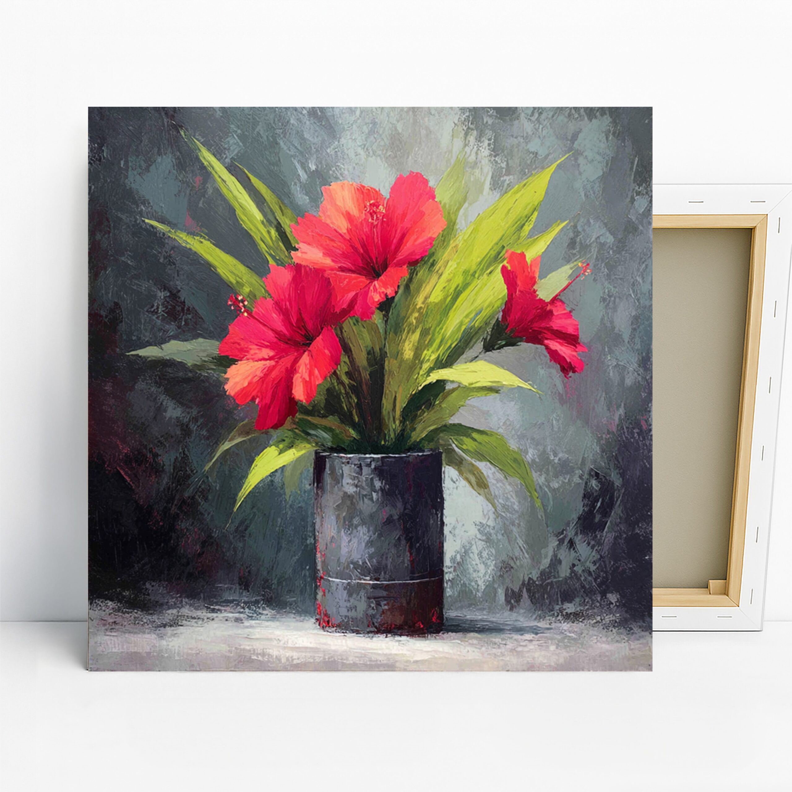 Hibiscus Bouquet Art, Canvas or Poster, Floral Contemporary Decor, Living Room Bedroom Office Wall Art, Red Green Grey Black Tropical