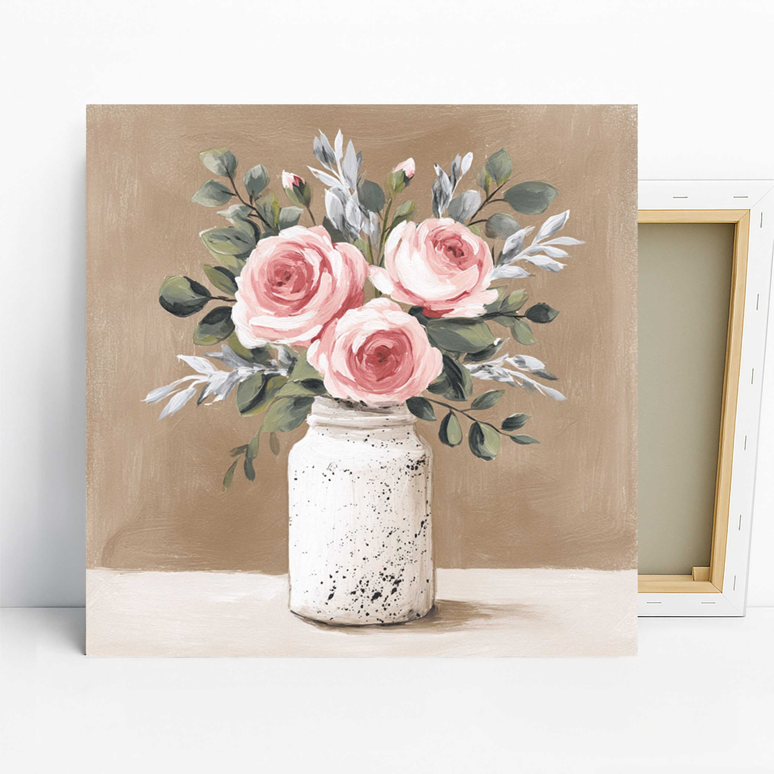 Rustic Rose Bouquet Art, Canvas or Poster, Floral Vintage Decor, Living Room Bedroom Dining Room Wall Art, Pink Green Beige and White