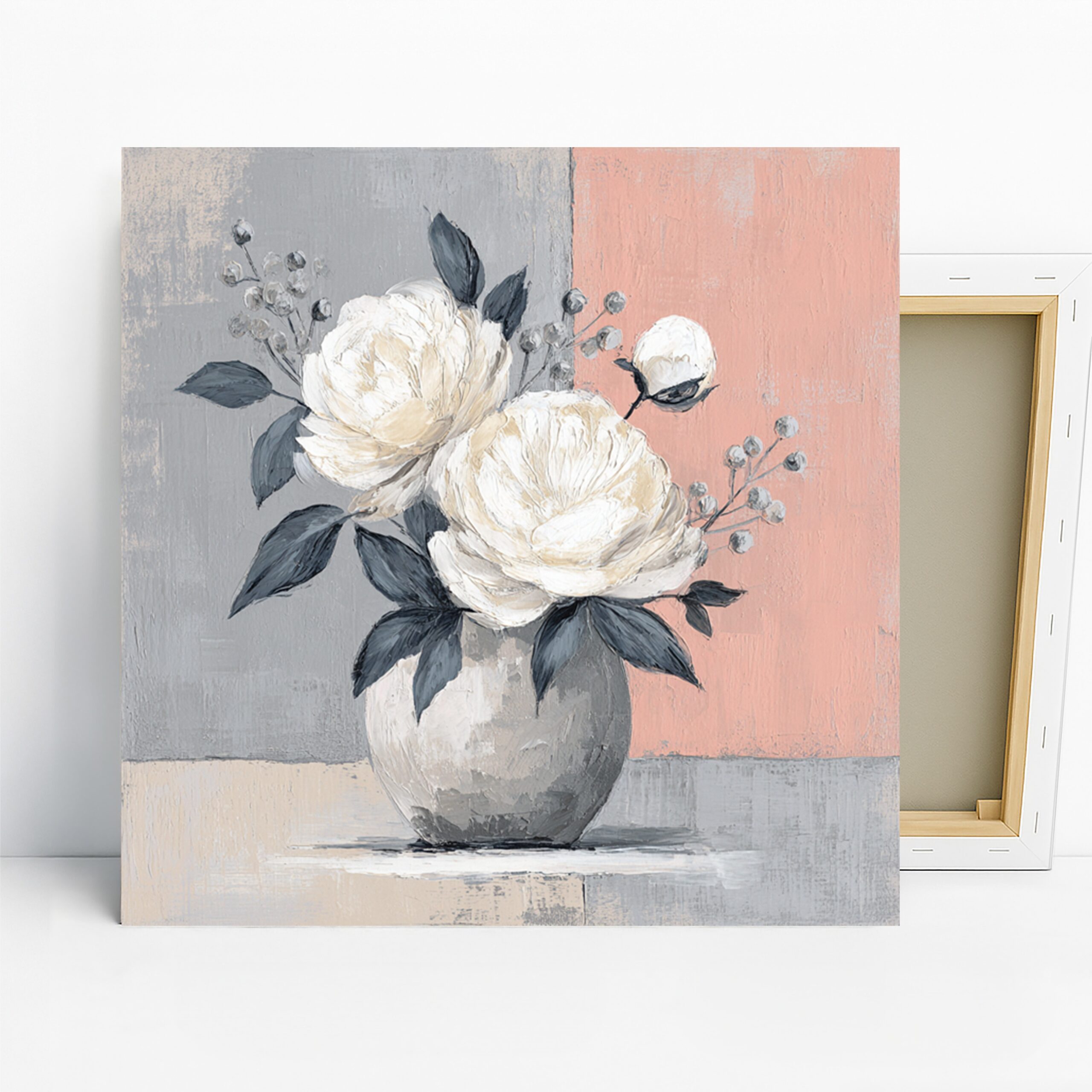 White Peonies Art, Canvas or Poster, Still Life Floral Decor, Living Room Bedroom Dining Room Office Wall Art, Pink Grey Green White