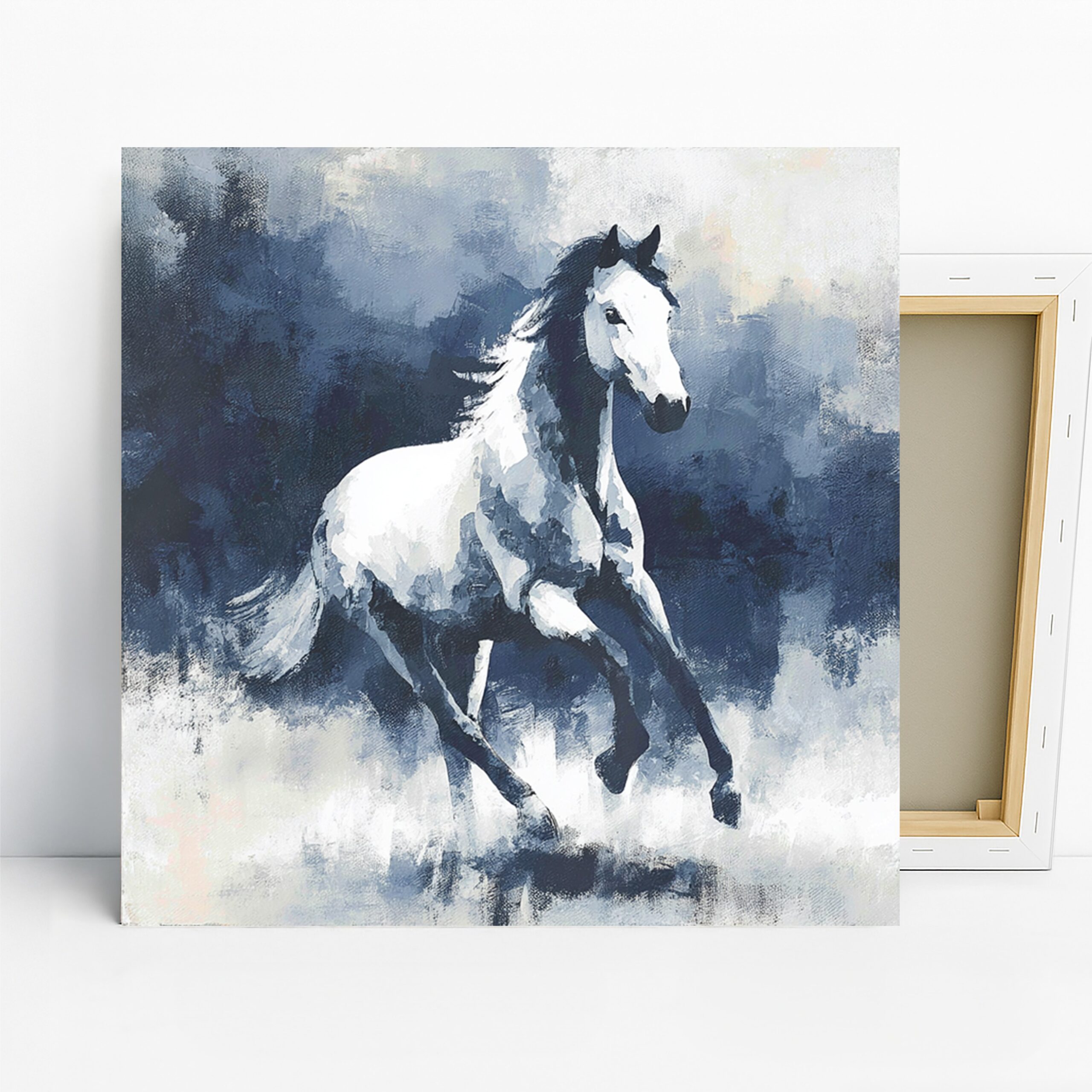 Horse Art, Canvas or Poster, Contemporary Rustic Decor, Living Room Bedroom Office Dining Room Wall Art, White Blue Grey Colors