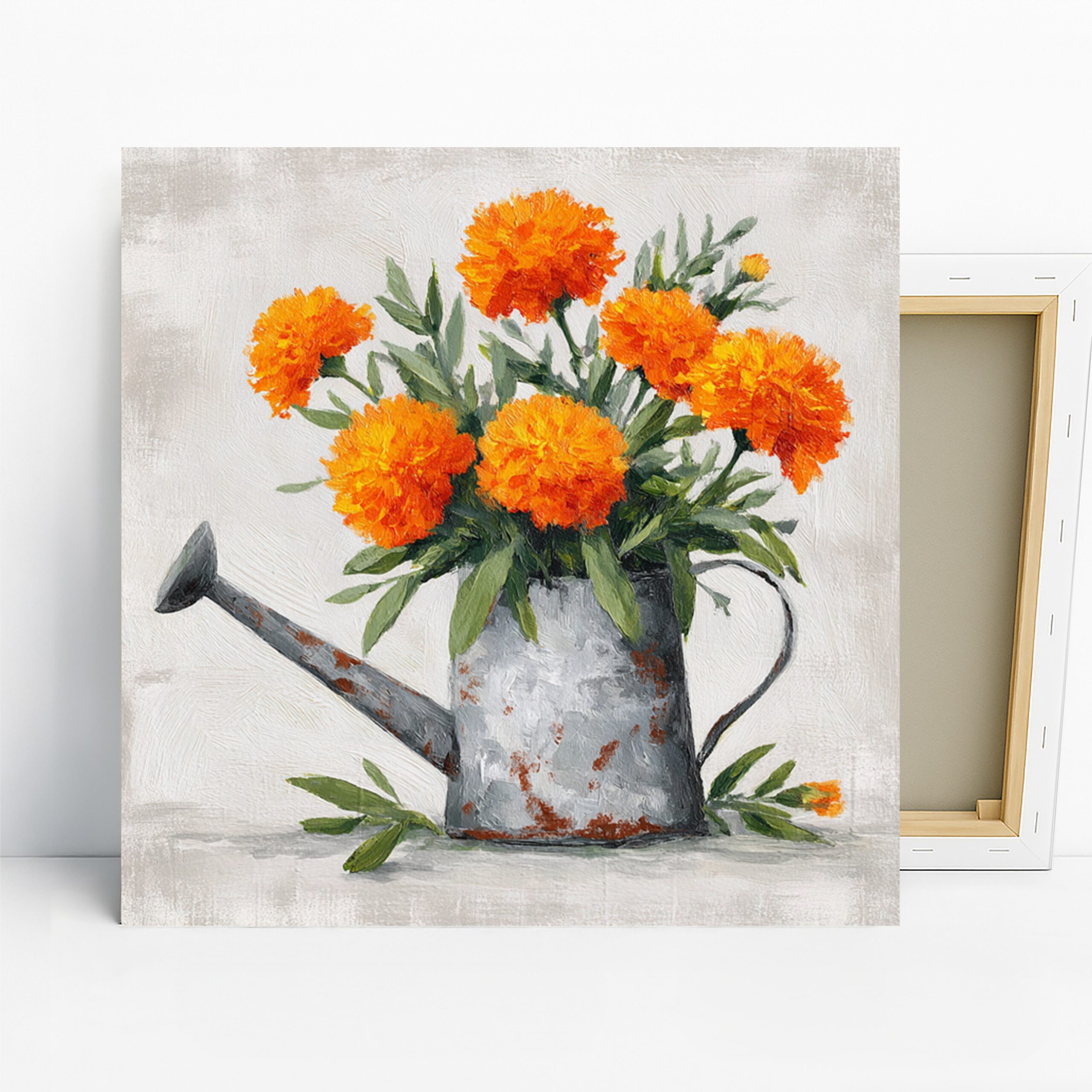 Marigolds in Watering Can Art, Canvas or Poster, Floral Vintage Decor, Kitchen Dining Room Sunroom Wall Art, Orange Green Gray Home Decor