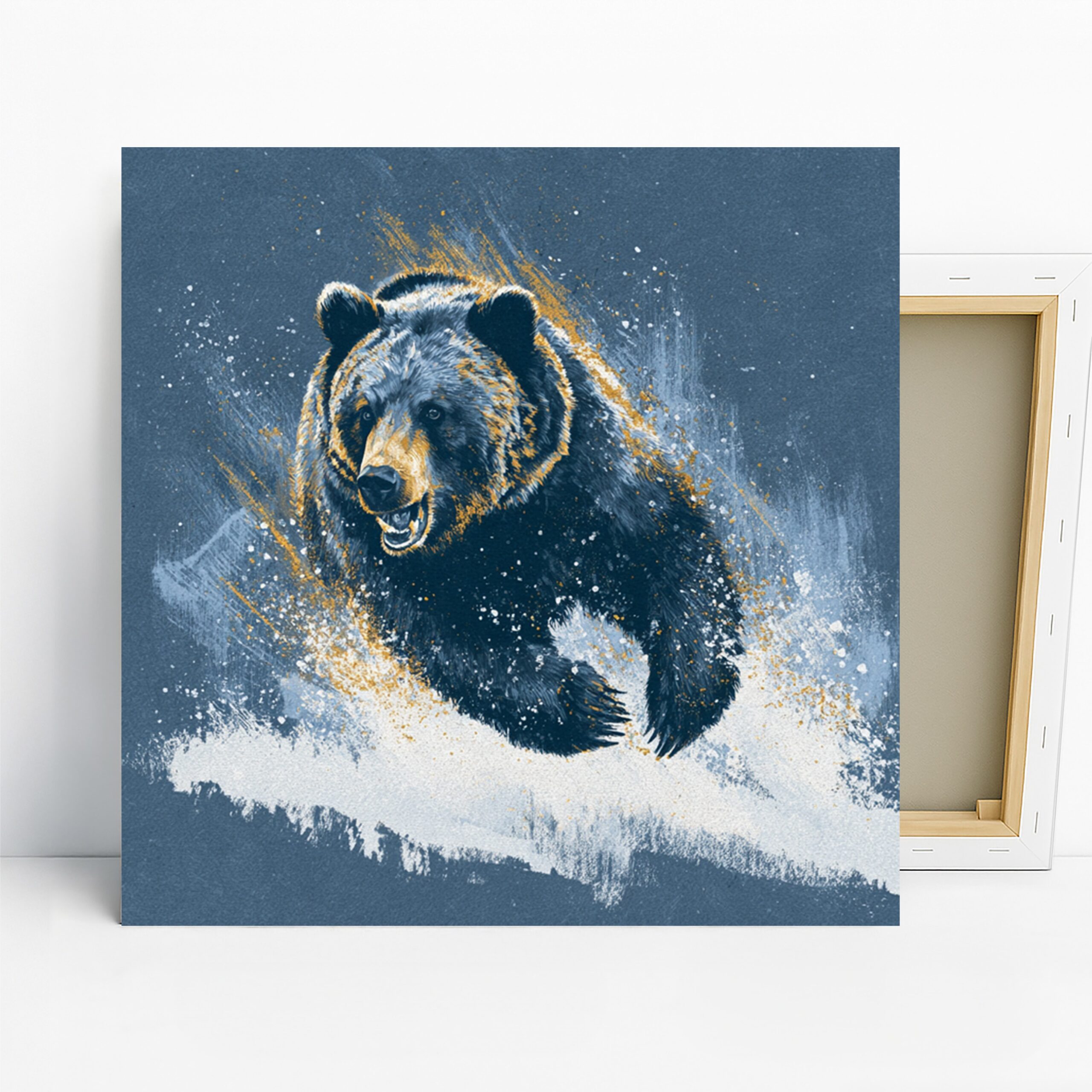 Bear Art, Canvas or Poster, Contemporary Rustic Decor, Living Room Bedroom Office Game Room Wall Art, Blue Gold Black White
