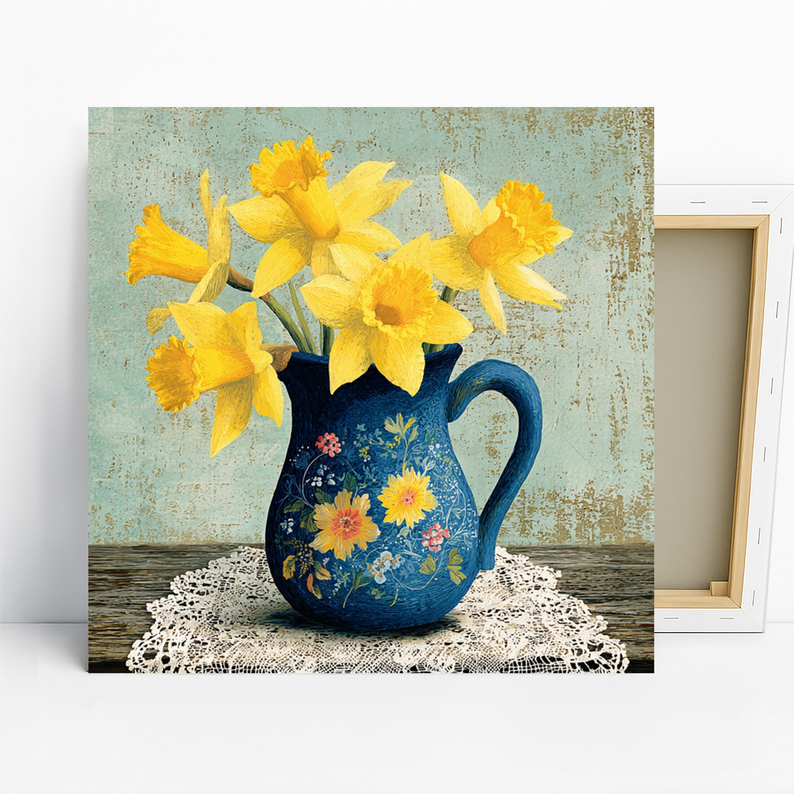 Daffodil Art, Canvas or Poster, Vintage Floral Rustic Decor, Living Room Kitchen Dining Room Wall Art, Yellow Blue White Bright Home Decor