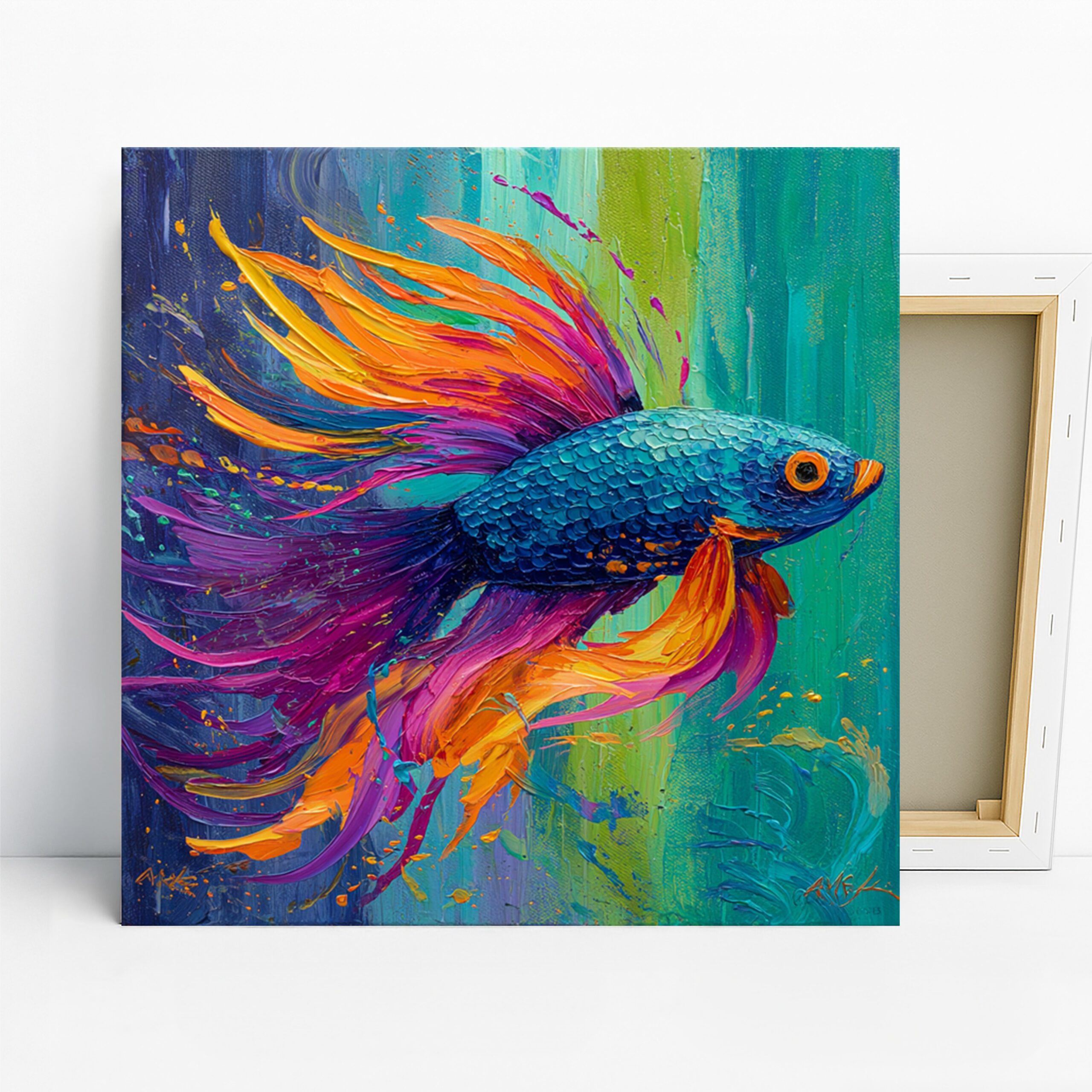 Betta Fish Art, Canvas or Poster, Contemporary Coastal Decor, Living Room Bedroom Bathroom Office Wall Art, Blue Orange Purple Turquoise