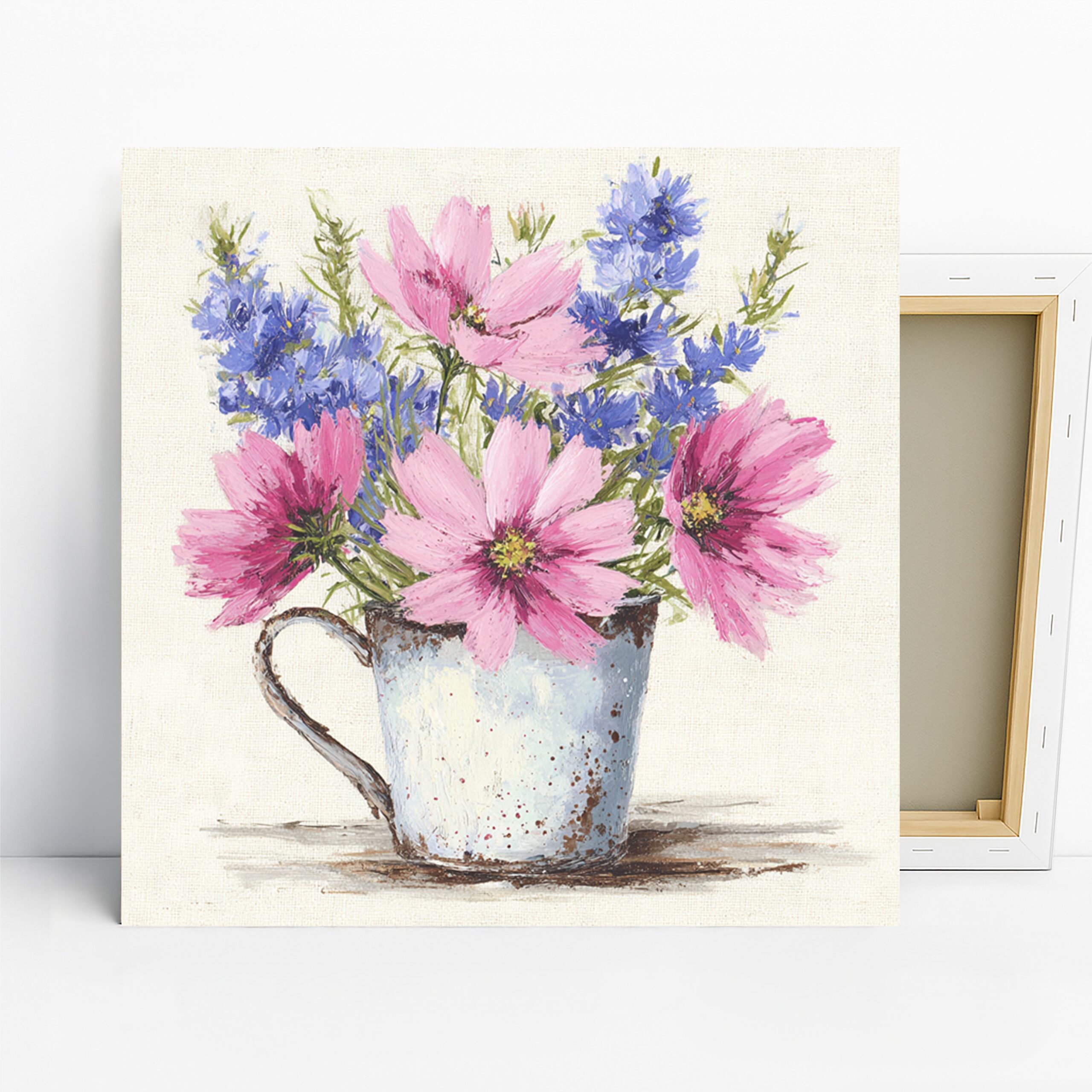 Wildflower Bouquet Art, Canvas or Poster, Floral Vintage Decor, Living Room Bedroom Bathroom Wall Art, Pink Blue Green White, Bee Nature Art