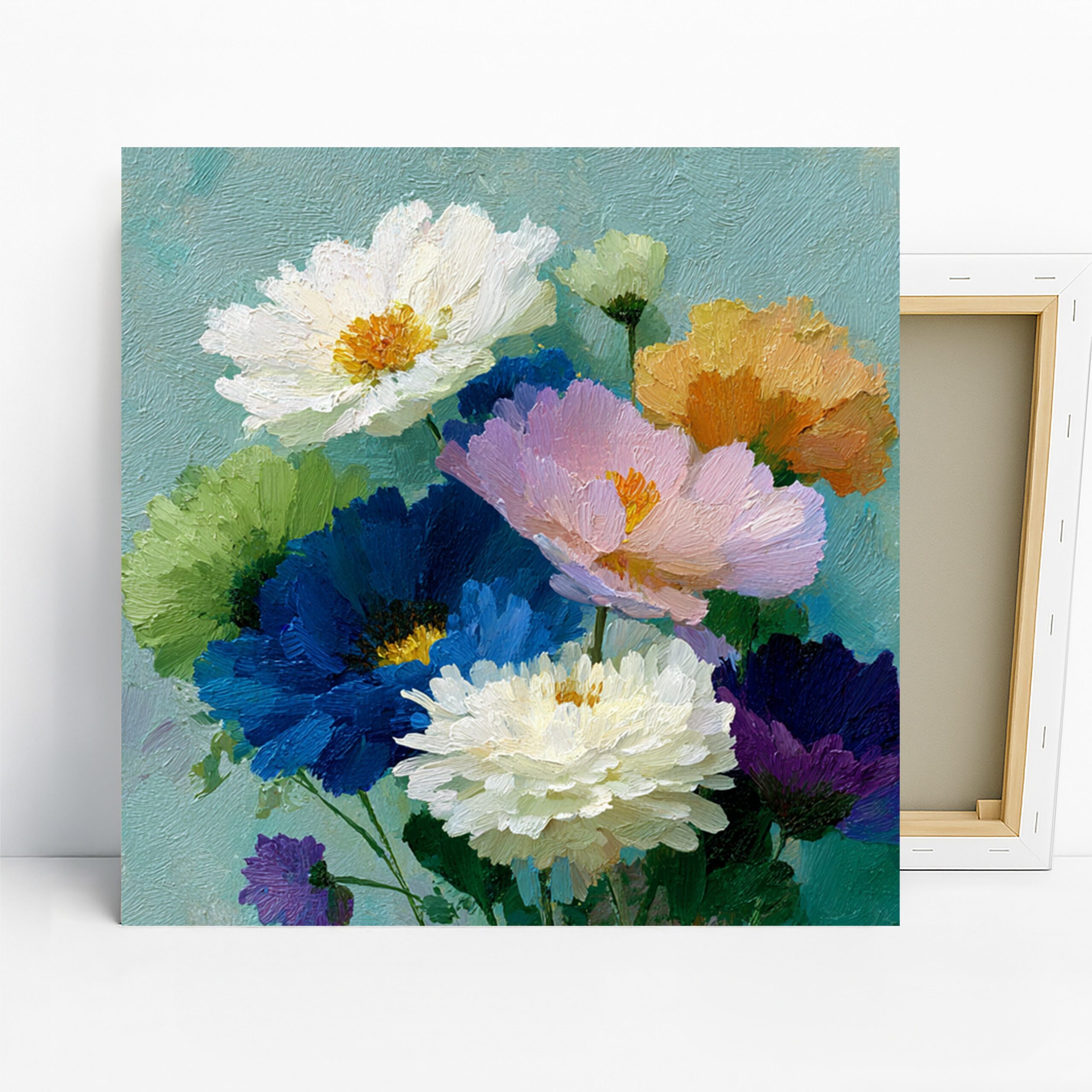 Wildflower Bouquet Art, Canvas or Poster, Floral Impressionism Decor, Living Room Bedroom Office Wall Art, Blue Pink Purple and White