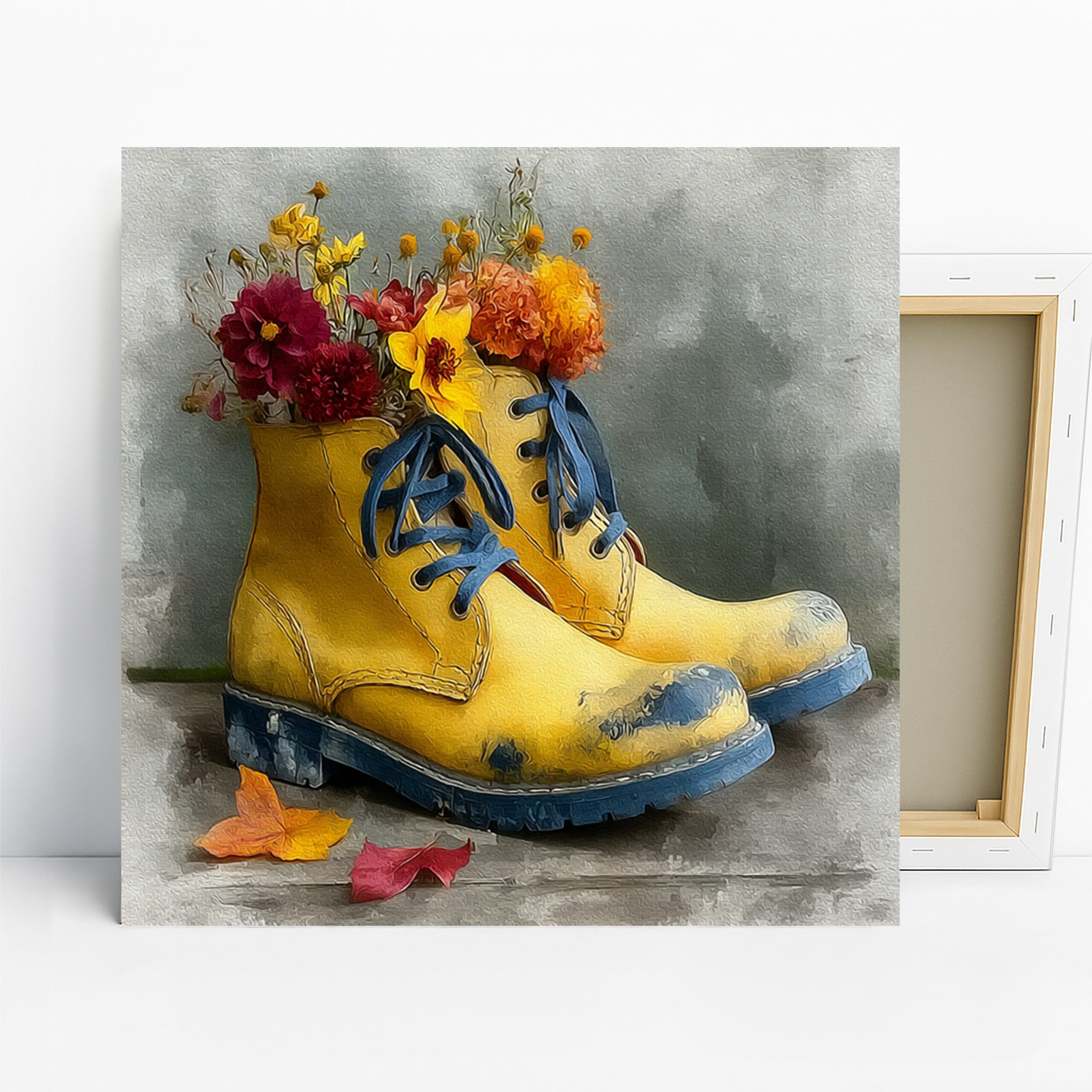 Blooming Boot Art, Canvas or Poster, Whimsical Vintage Floral Decor, Entryway Living Room Bedroom Wall Art, Yellow Red Orange Blue