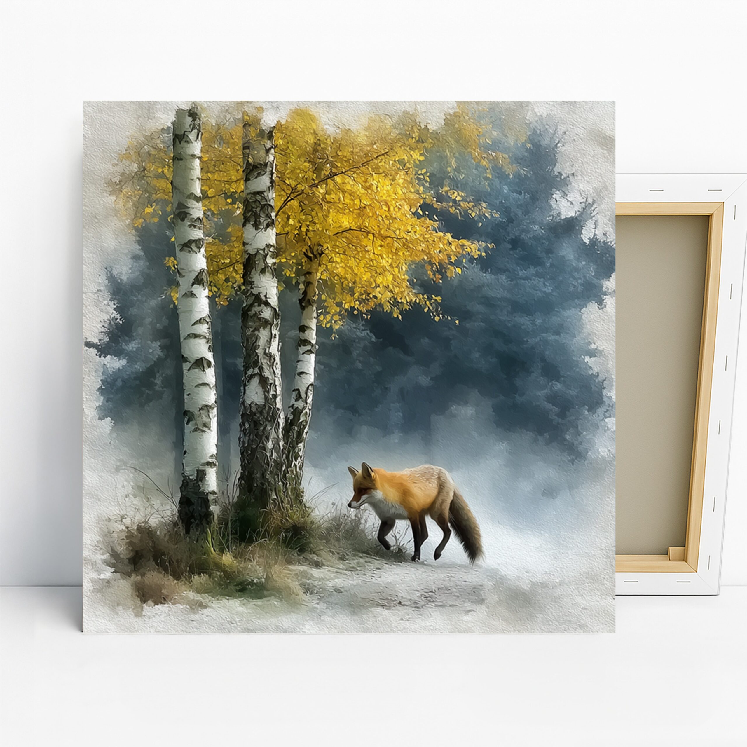 Fox Art, Canvas or Poster, Nature Rustic Decor, Living Room Bedroom Office Wall Art, Yellow White Blue Brown Autumn Wildlife Print