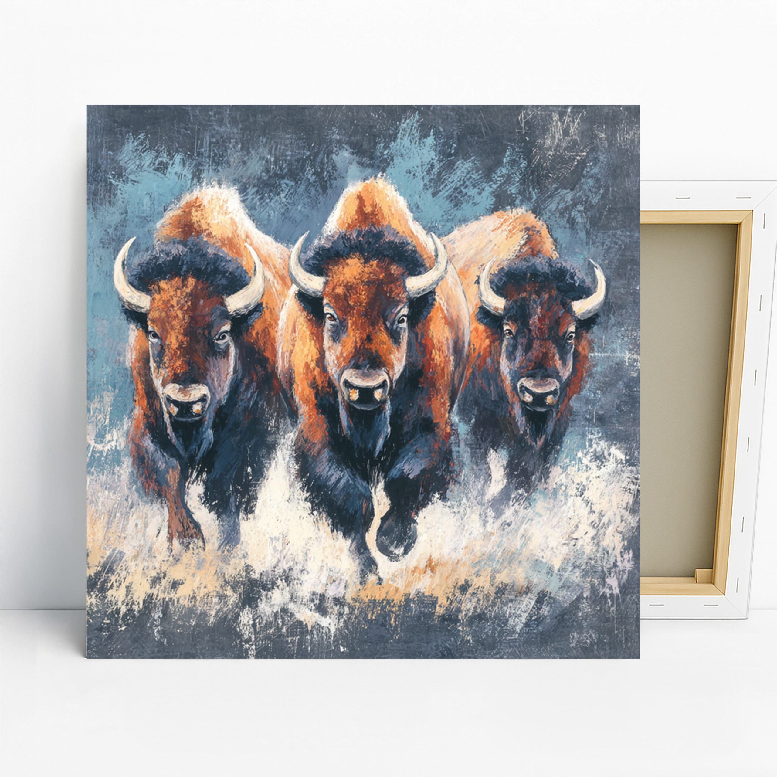 Bison Trio Art, Canvas or Poster, Contemporary Rustic Decor, Living Room Office Dining Game Room Wall Art, Brown Orange Blue White