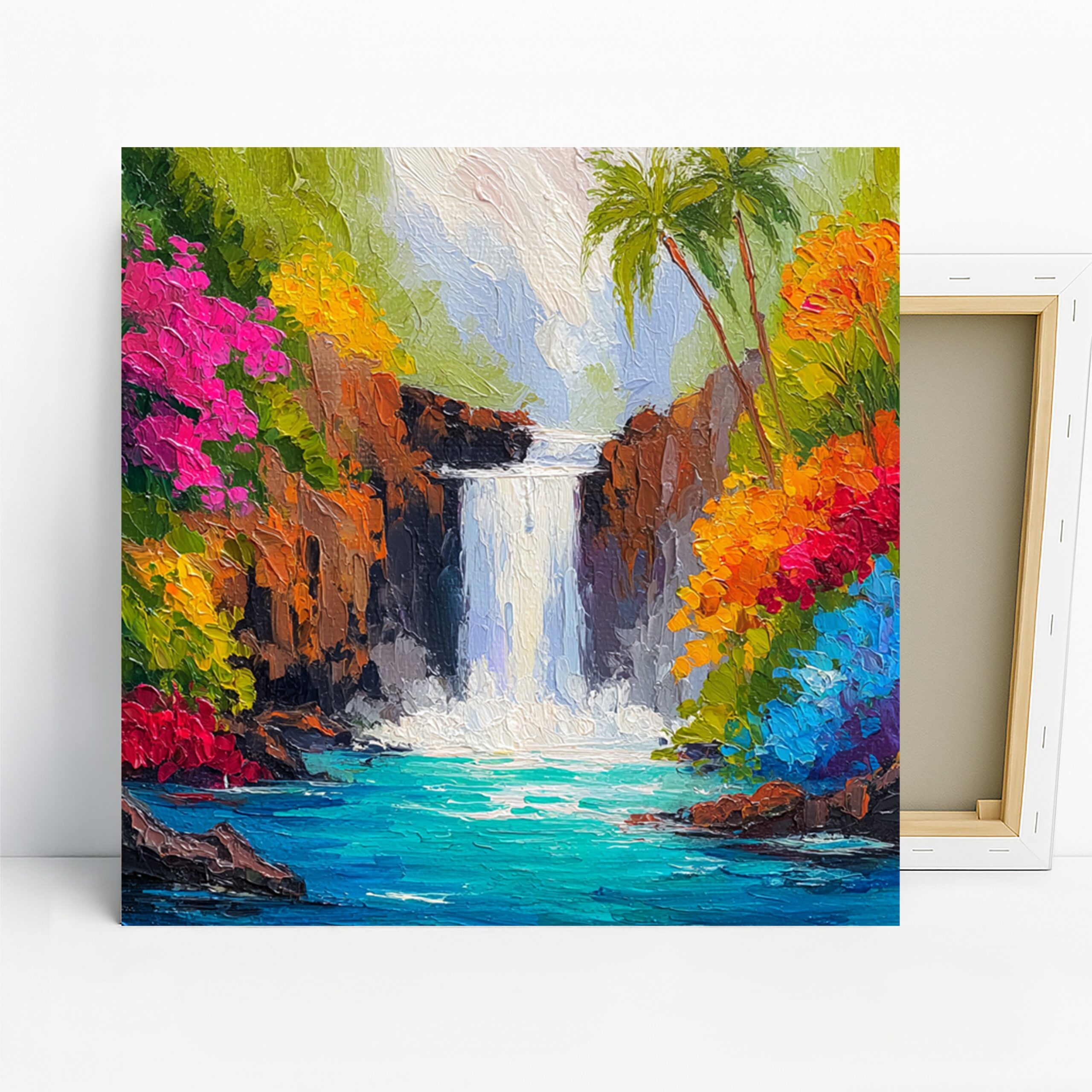 Tropical Waterfall Paradise Art, Canvas or Poster, Impressionism Decor, Living Room Bedroom Bathroom Office Wall Art, Blue Green Pink Orange