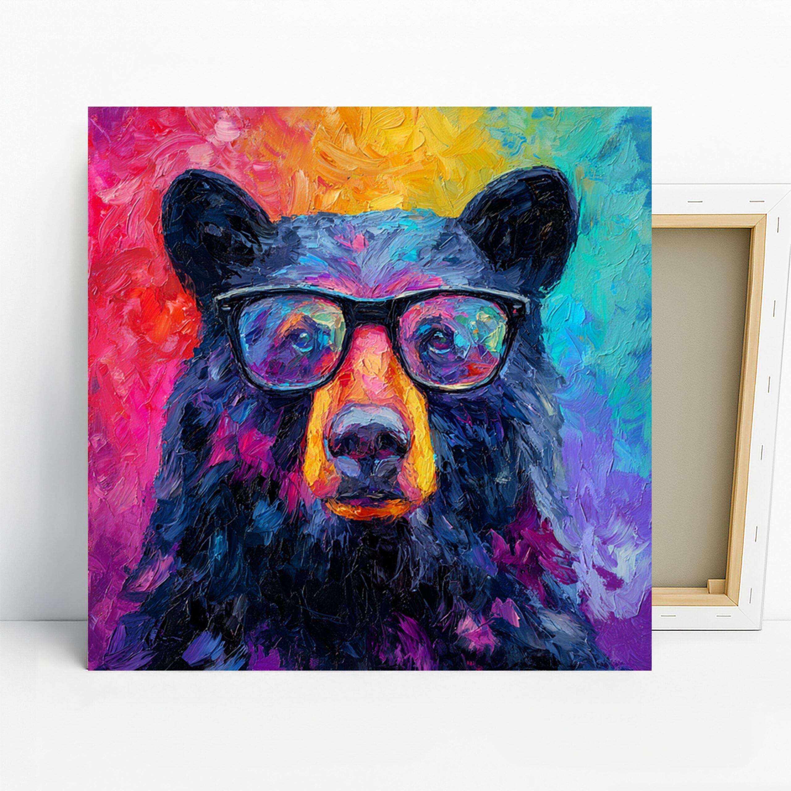 Hipster Bear Art, Canvas or Poster, Whimsical Modern Decor, Living Room Office Bedroom Game Room Wall Art, Blue Purple Yellow Pink