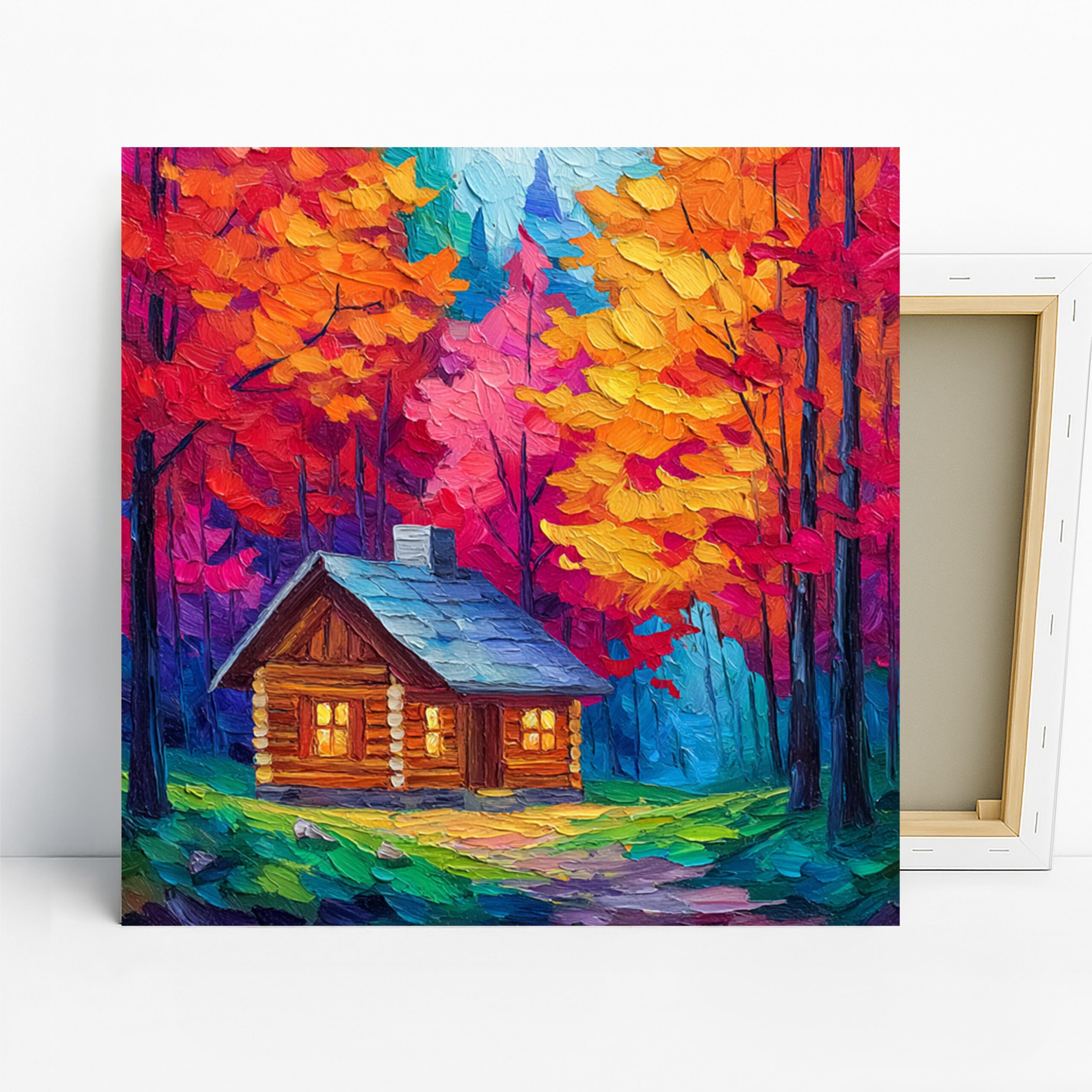 Autumn Cabin Retreat Art, Canvas or Poster, Impressionism Rustic Decor, Living Room Bedroom Cabin Outdoor Wall Art, Red Orange Yellow Blue