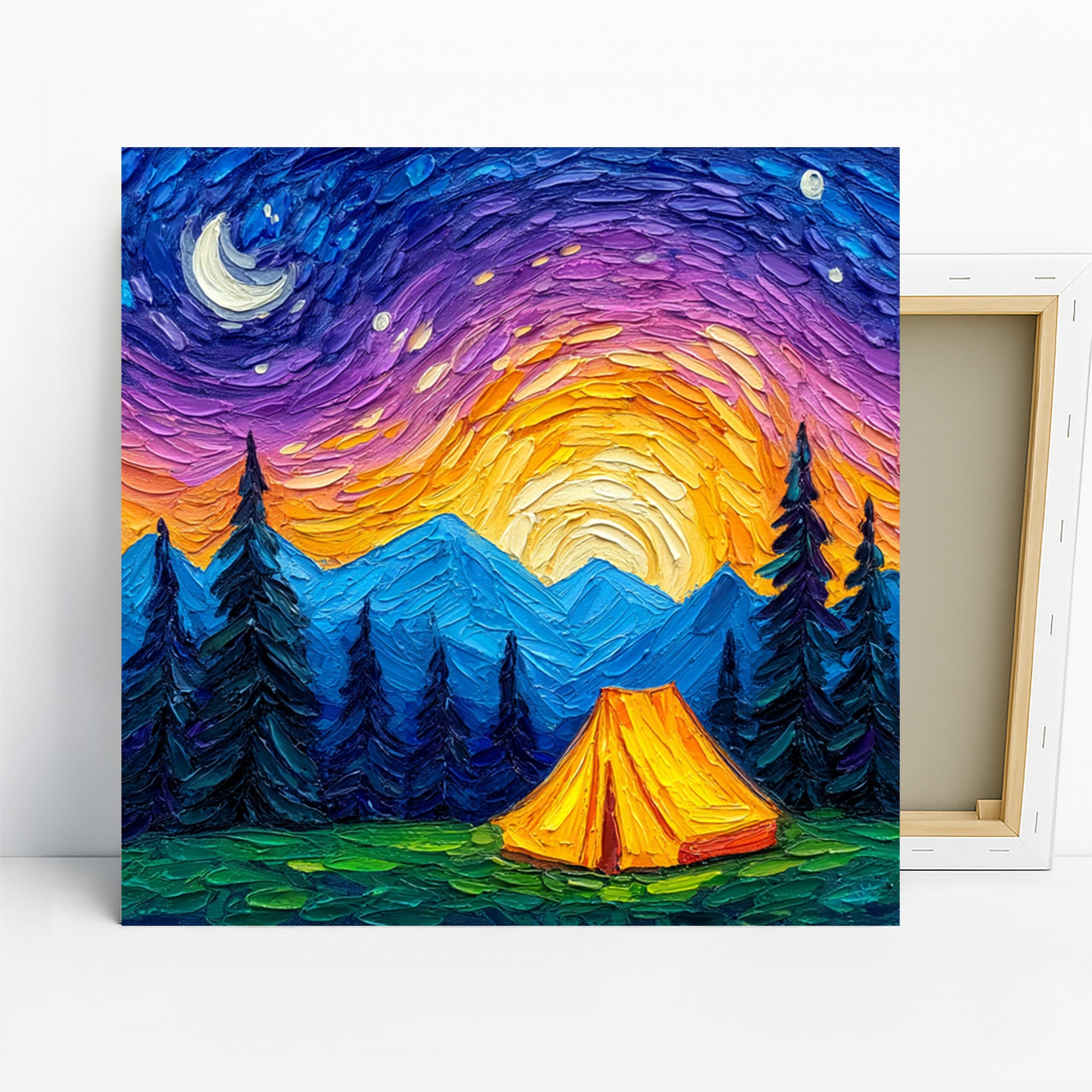 Starry Night Camping Art, Canvas or Poster, Impressionism Rustic Decor, Bedroom Living Room Home Office Wall Art, Blue Purple Orange Yellow