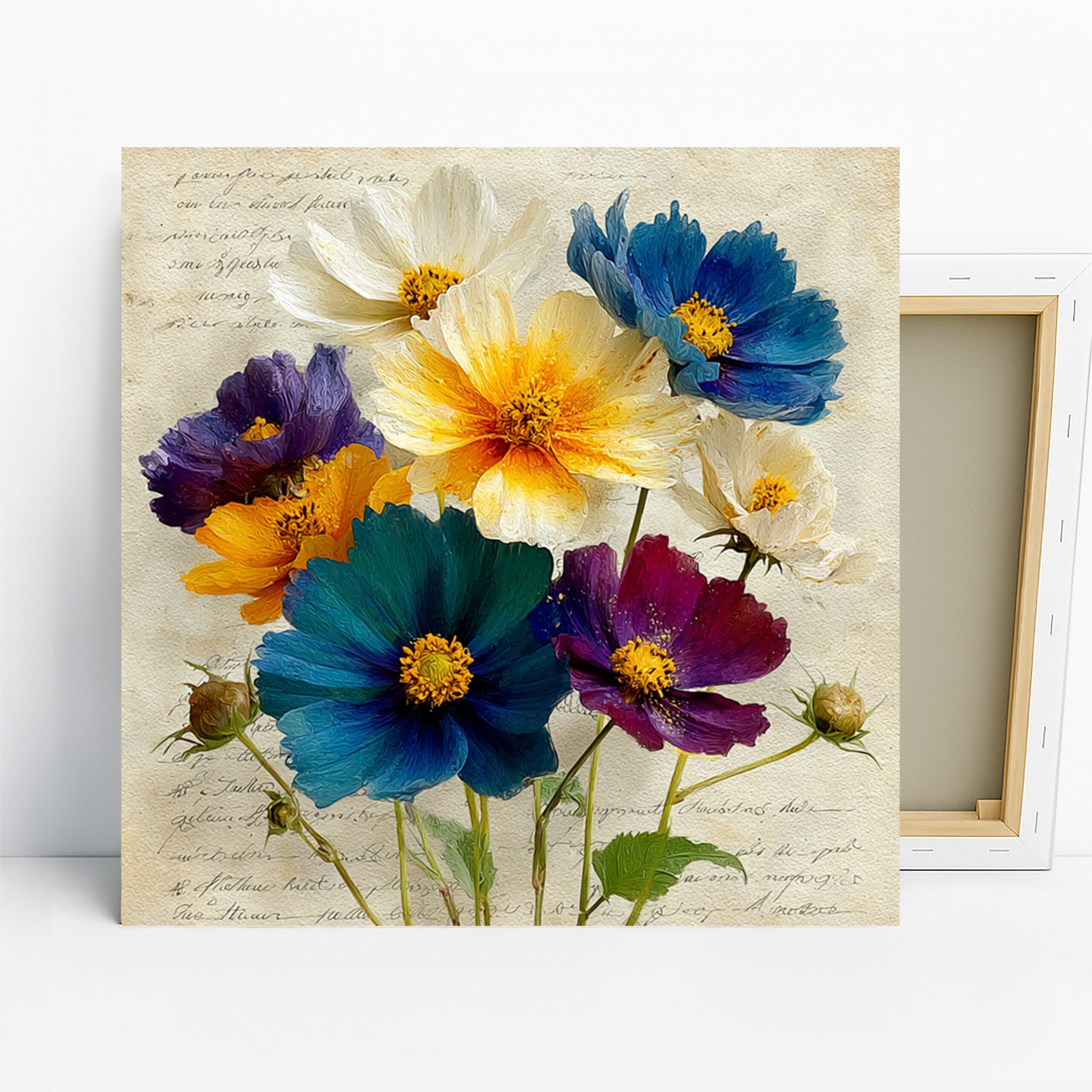 Cosmos Flower Art, Canvas or Poster, Floral Nature Decor, Living Room Bedroom Office Wall Art, Blue Purple Yellow White Colorful Print