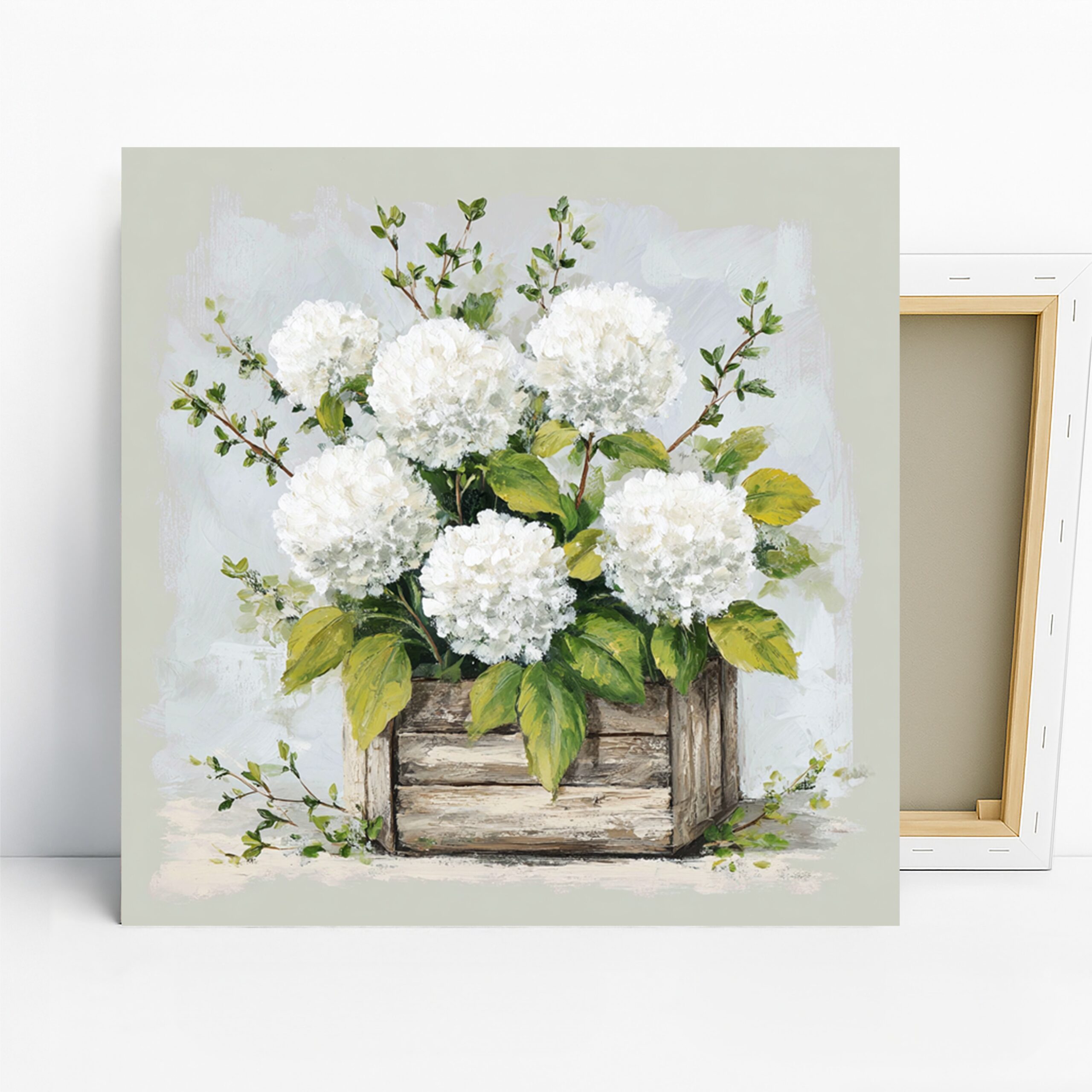 White Hydrangea Art, Canvas or Poster, Floral Rustic Decor, Living Room Dining Room Bedroom Wall Art, Green Brown White, Country Home Decor