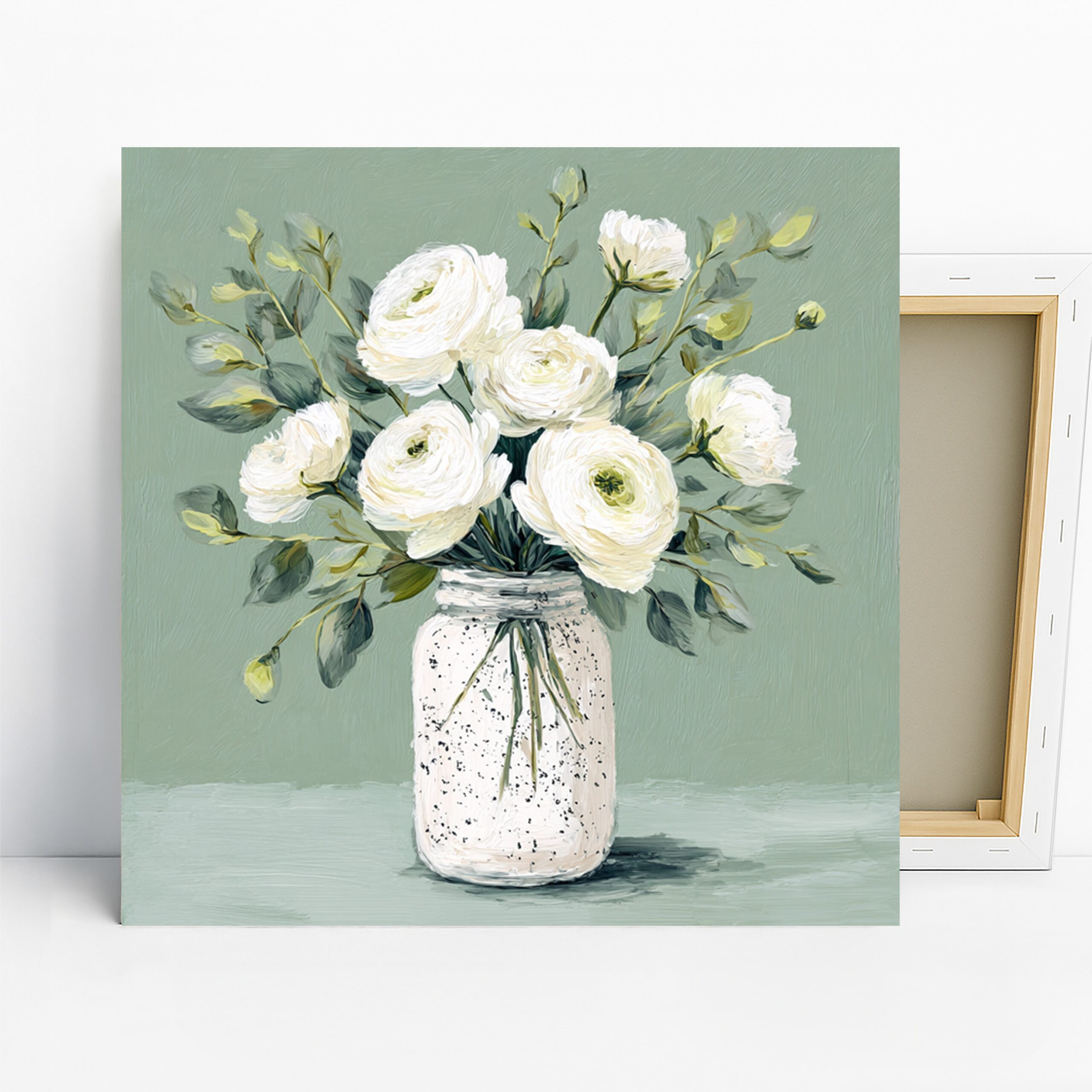 White Ranunculus Art, Canvas or Poster, Floral Still Life Decor, Living Room Bedroom Dining Room Wall Art, White Green Beige