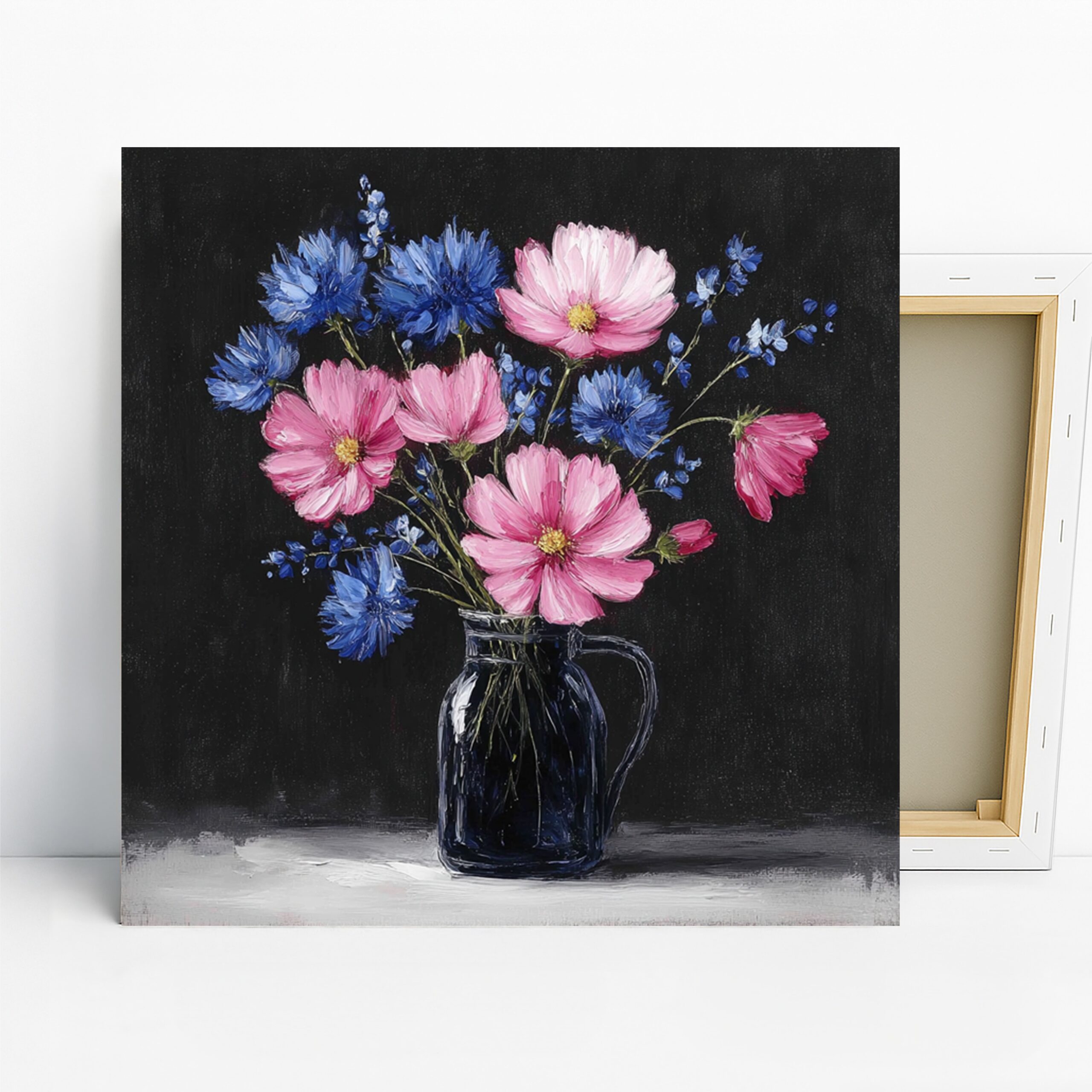 Pink and Blue Wildflower Bouquet Art, Canvas or Poster, Floral Contemporary Decor, Living Room Bedroom Office Wall Art,Pink Blue White Black