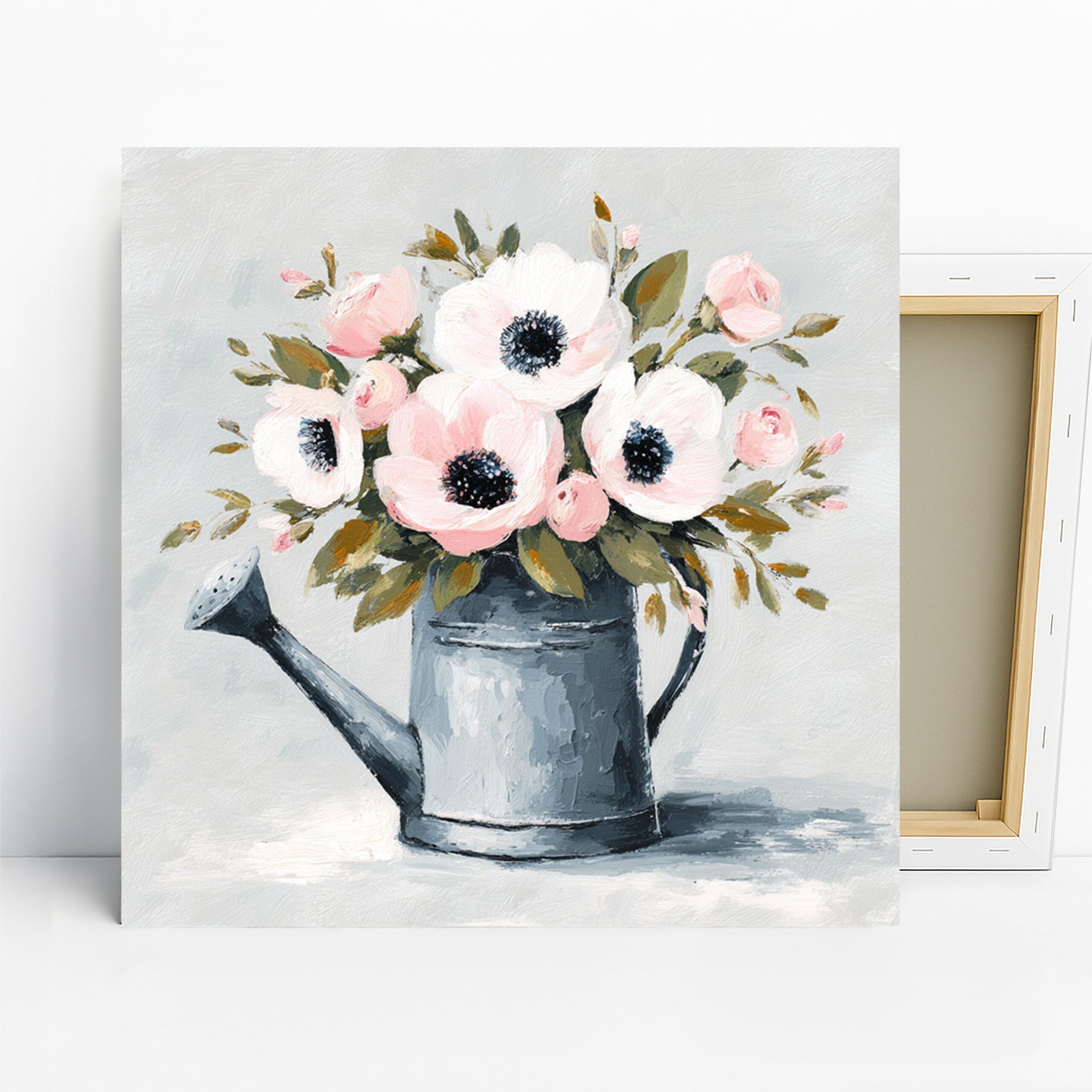 Watering Can Floral Art, Canvas or Poster, Vintage Farmhouse Decor, Living Room Bedroom Dining Room Wall Art, Pink White Green Grey