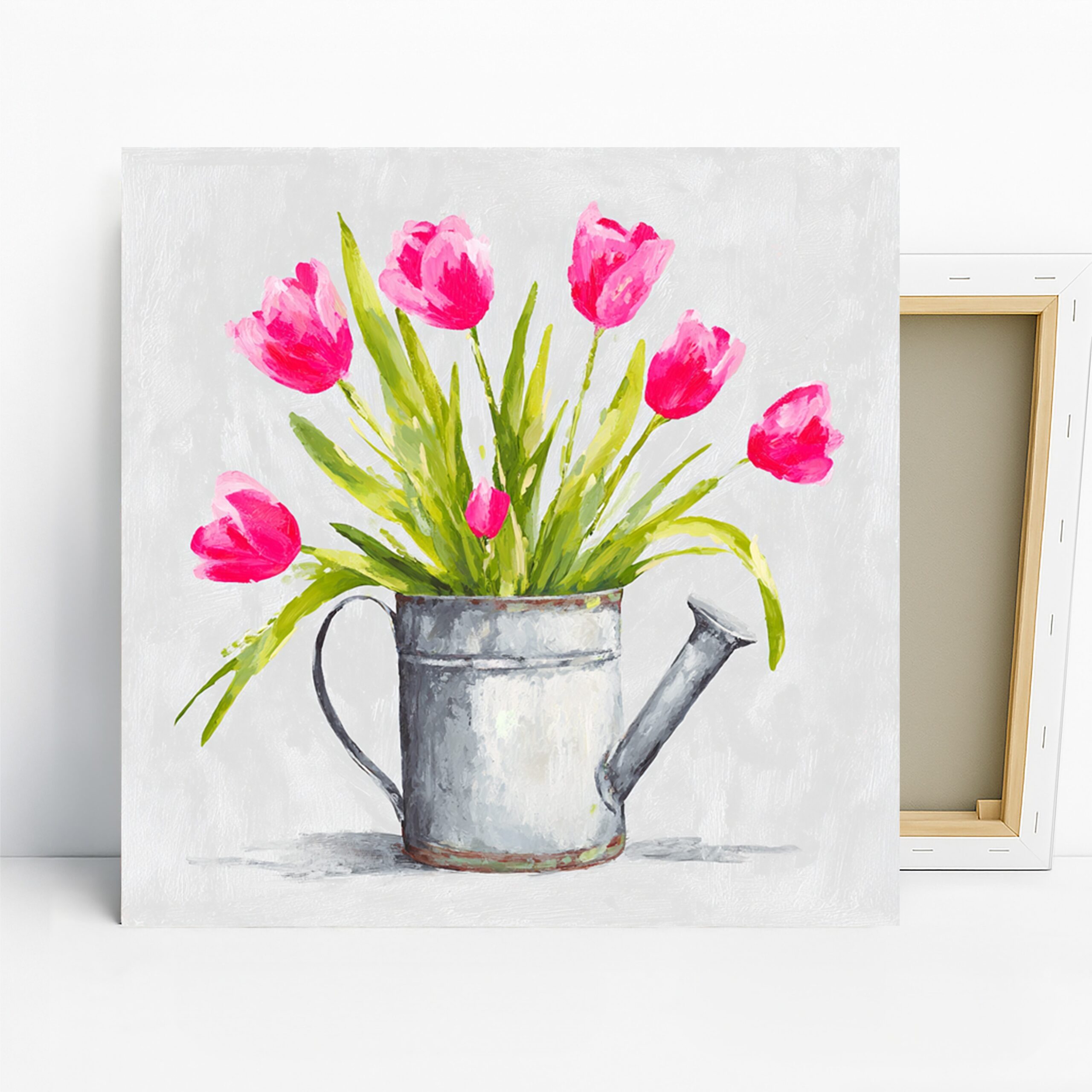 Tulip Watering Can Art, Canvas or Poster, Floral Farmhouse Decor, Living Room Dining Room Kitchen Wall Art, Pink Green and Grey