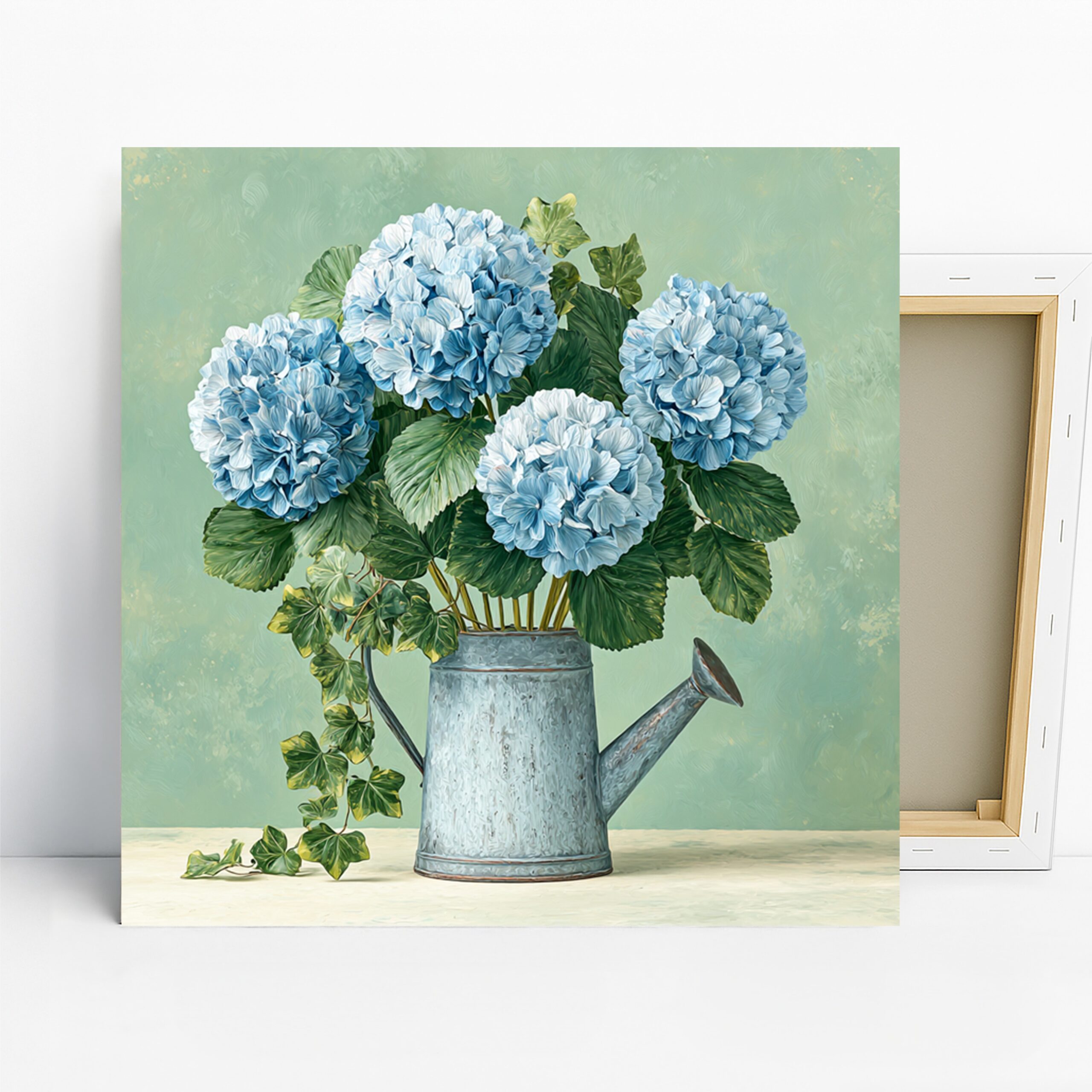 Hydrangea Art, Canvas or Poster, Floral Vintage Decor, Living Room Bedroom Dining Room Wall Art, Blue Green White and Grey