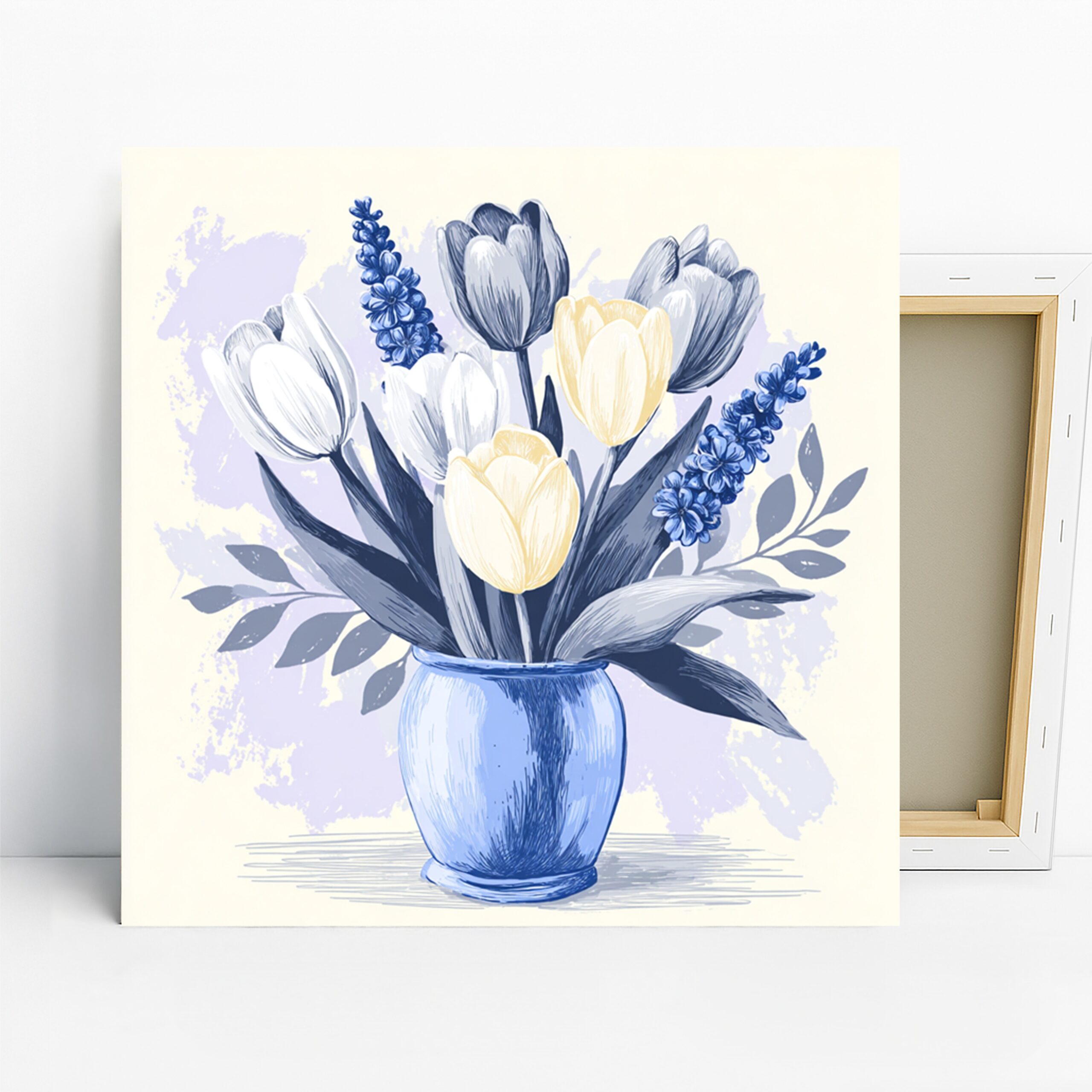 Blue Tulip Bouquet Art, Canvas or Poster, Contemporary Minimalist Decor, Living Room Bedroom Dining Room Wall Art, Blue White Yellow Grey