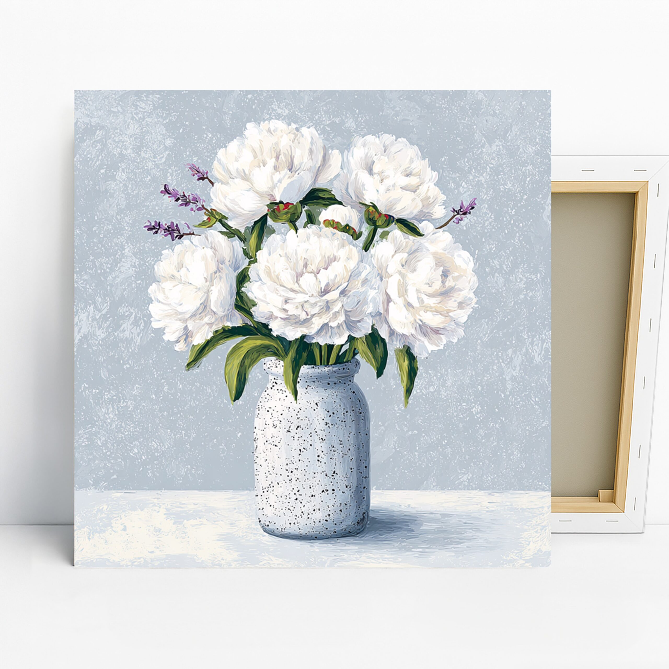 White Peony Bouquet Art, Canvas or Poster, Floral Still Life Decor, Living Room Bedroom Dining Room Wall Art, White Green Purple Grey