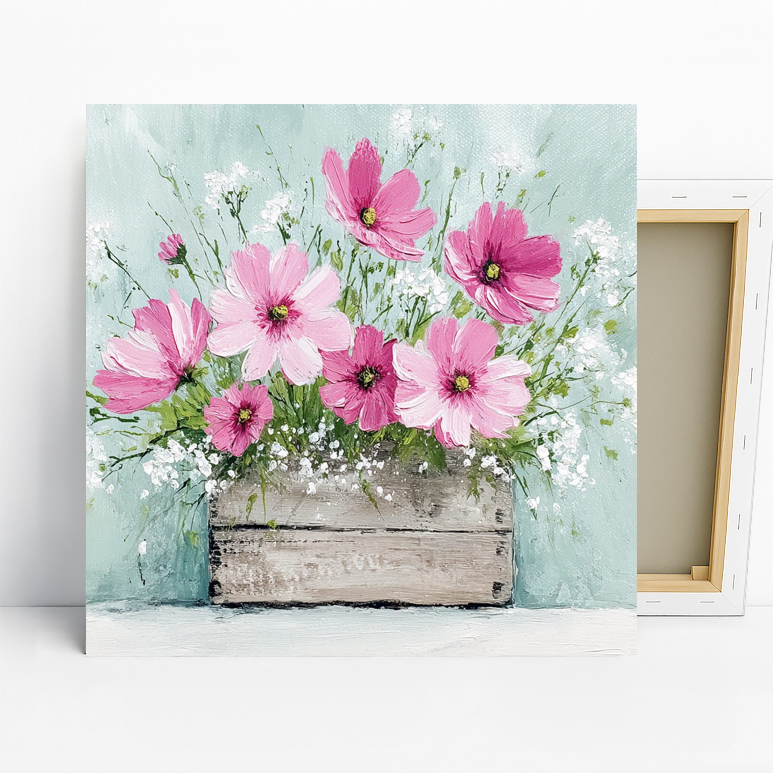 Pink Cosmos Flower Art, Canvas or Poster, Floral Nature Vintage Decor, Living Room Bedroom Dining Room Wall Art, Pink Green White Blue