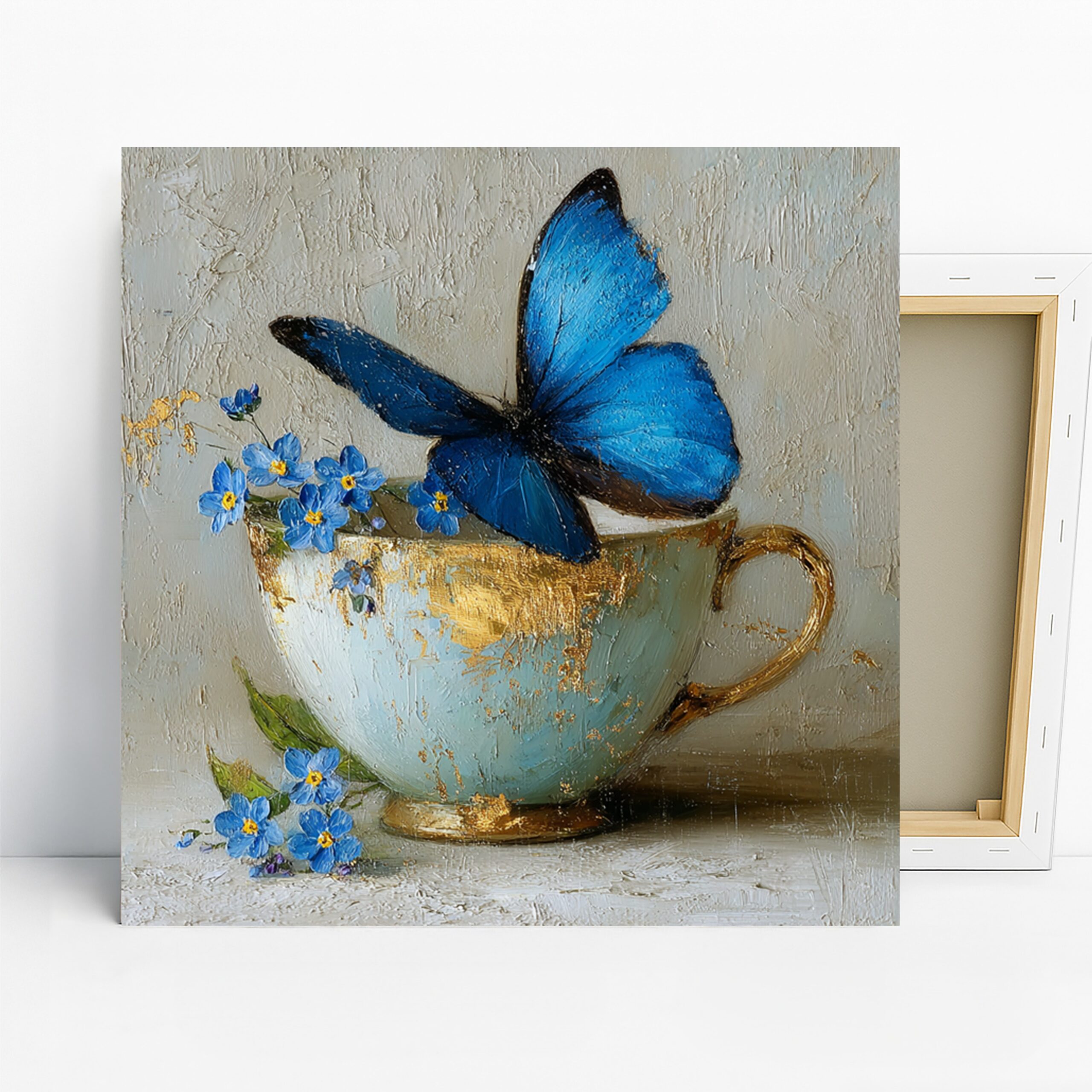 Blue Butterfly Art, Canvas or Poster, Still Life Bohemian Vintage Decor, Living Room Bedroom Dining Room Wall Art, Blue Gold White