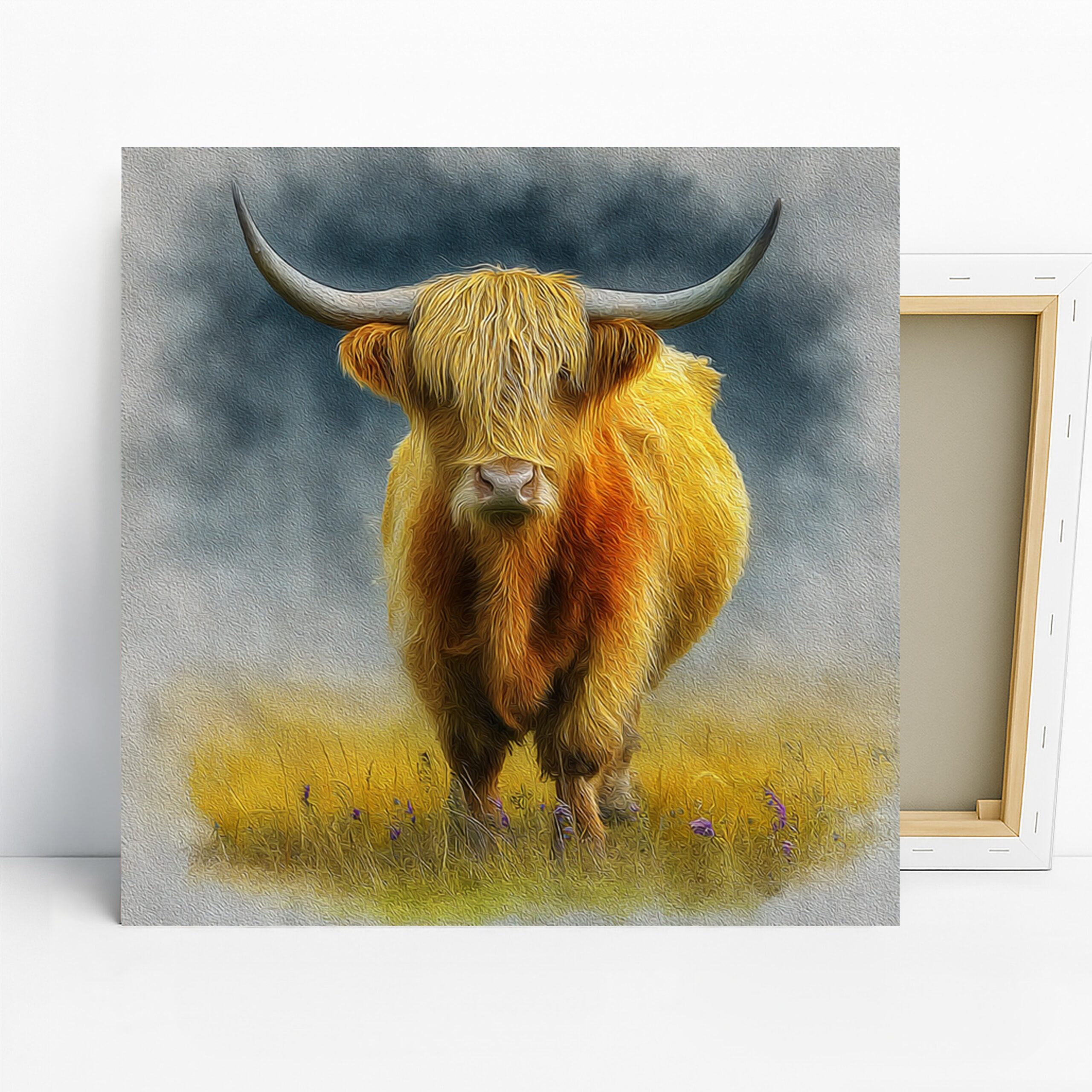 Highland Cow Art, Canvas or Poster, Animal Nature Decor, Living Room Bedroom Office Wall Art, Yellow Orange Brown and White