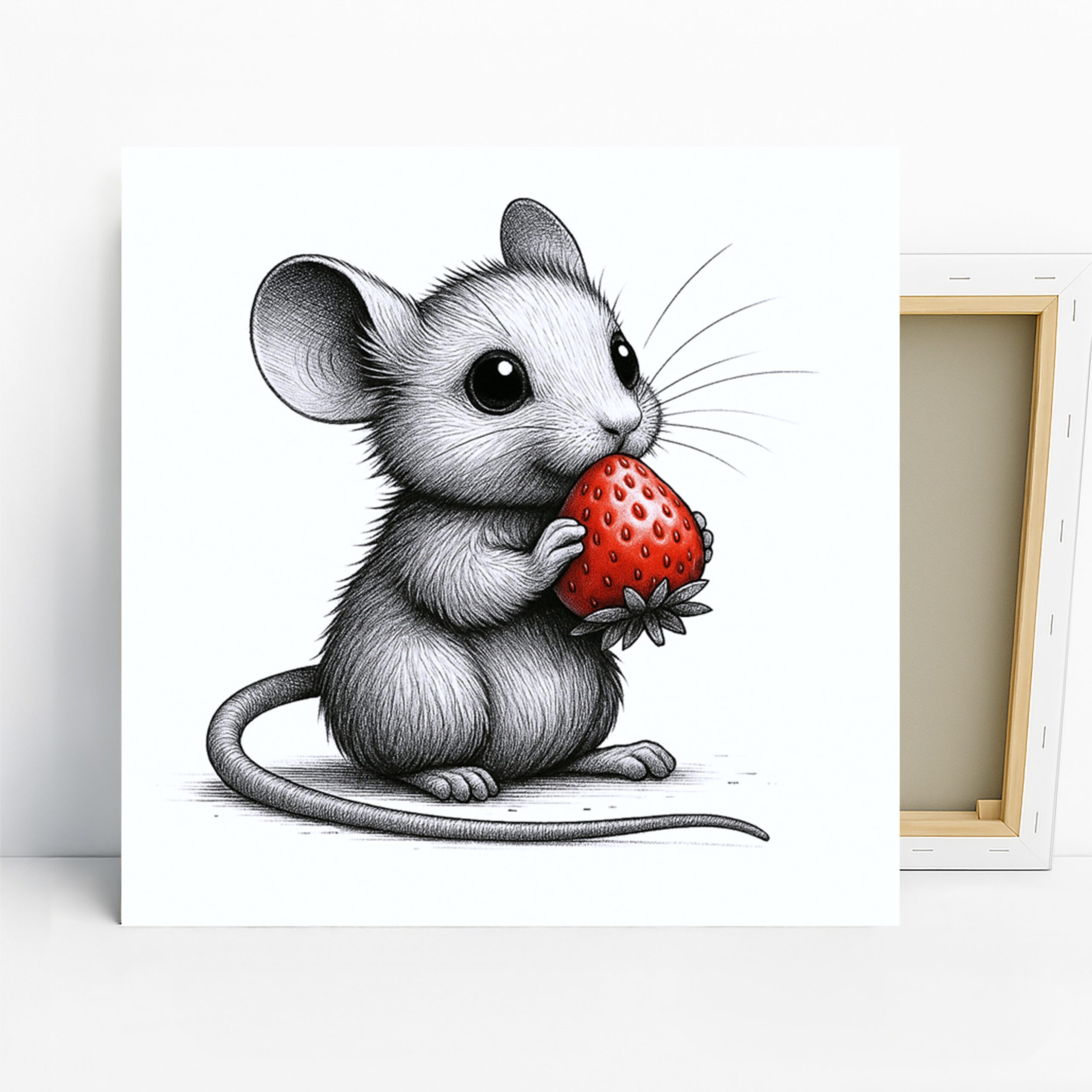 Mouse Strawberry Art, Canvas or Poster, Whimsical Nature Decor, Children’s Room Nursery Kitchen Office Wall Art, White Red Black