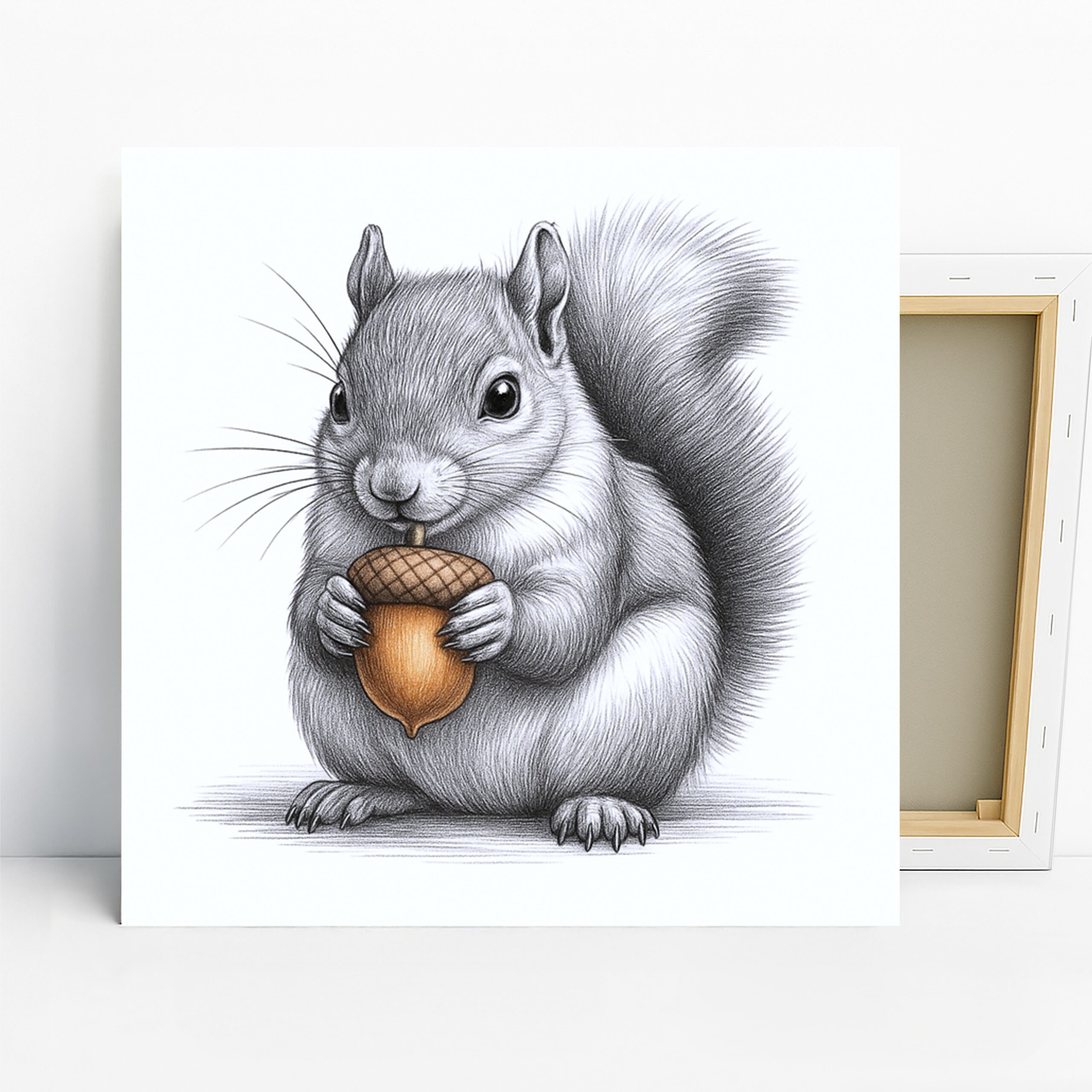 Squirrel Acorn Art, Canvas or Poster, Whimsical Nature Decor, Living Room Office Children’s Room Bedroom Wall Art, Grey Brown White